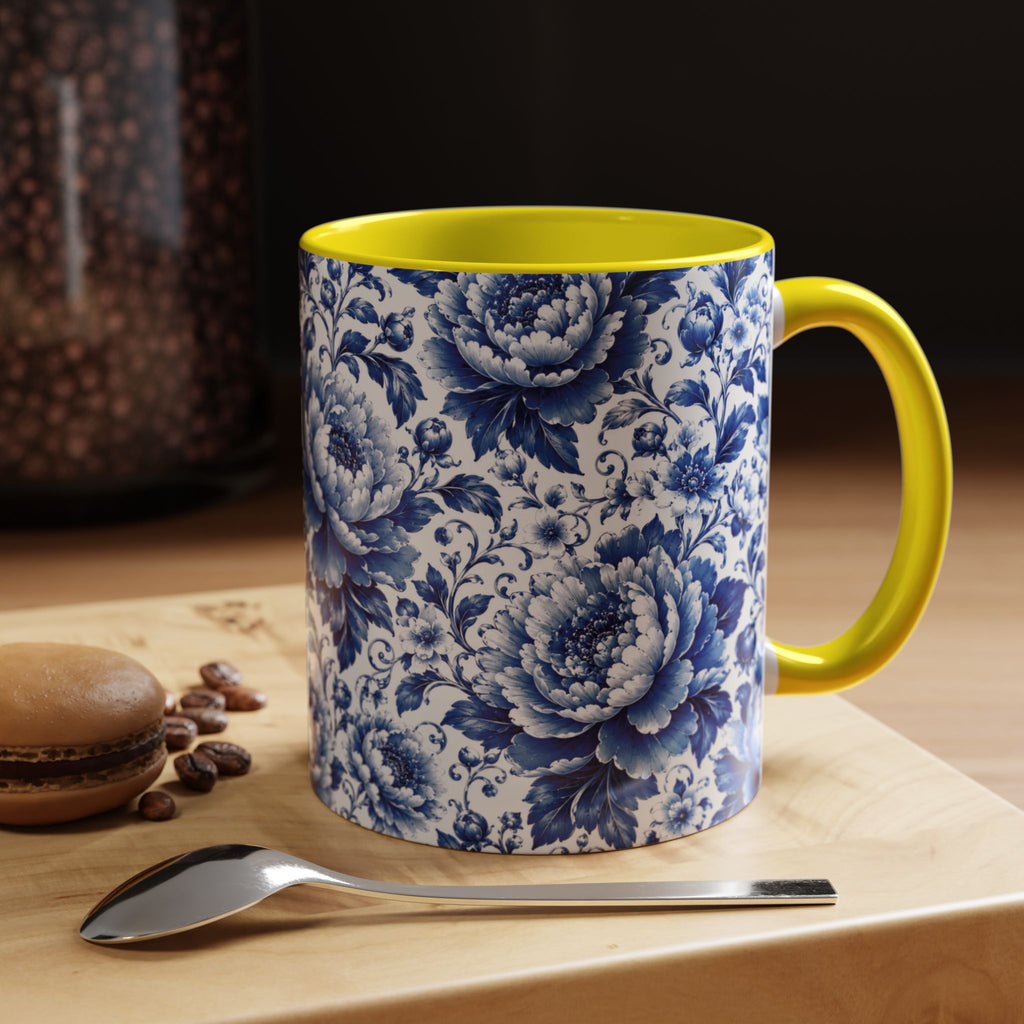 Blue Floral Ceramic Coffee Mug — Vintage Delft Peony Accent (11oz & 15oz) Blue & White Chinoiserie Tea Mug