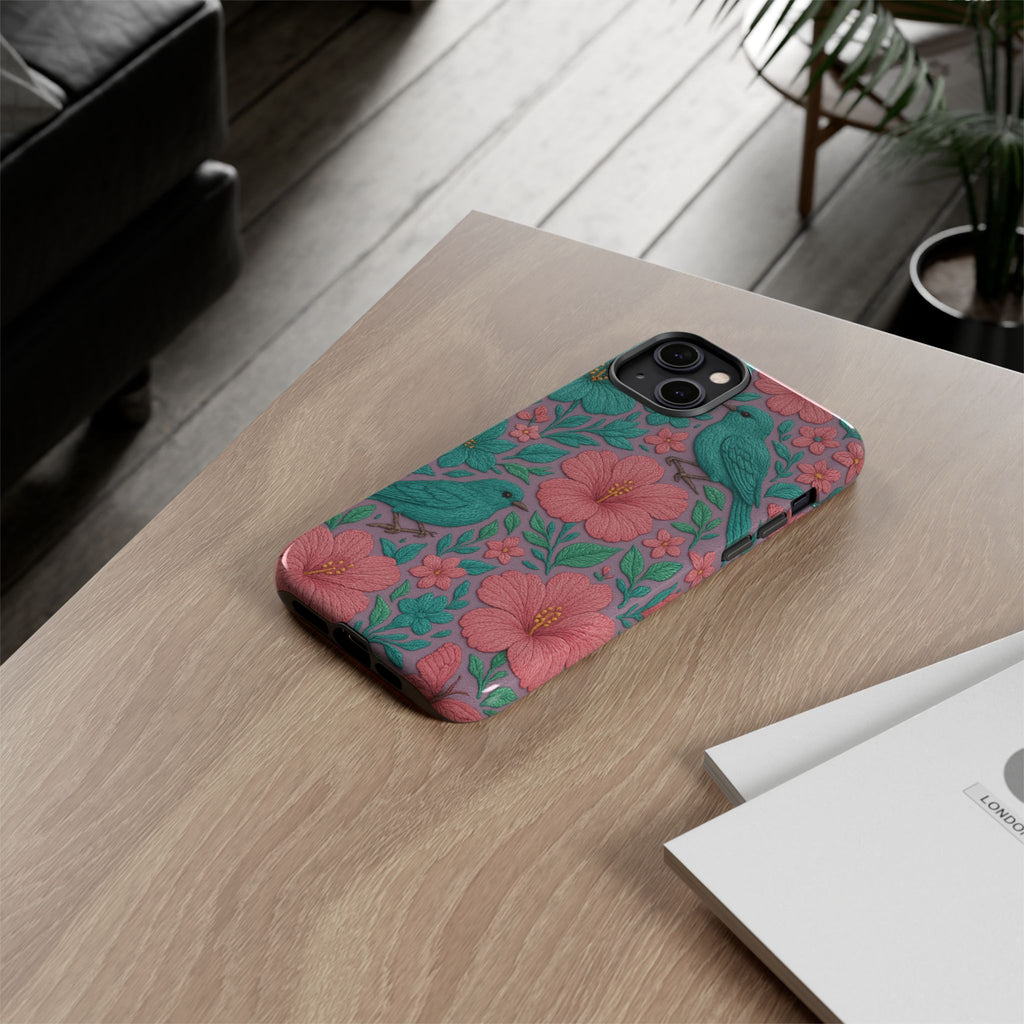Turquoise, Pink and Lavender 3D Embroidery Illusion Phone Case Tropical Flowers, Birds & Butterflies Cover with Bold, Realistic Floral Texture iPhone, Samsung