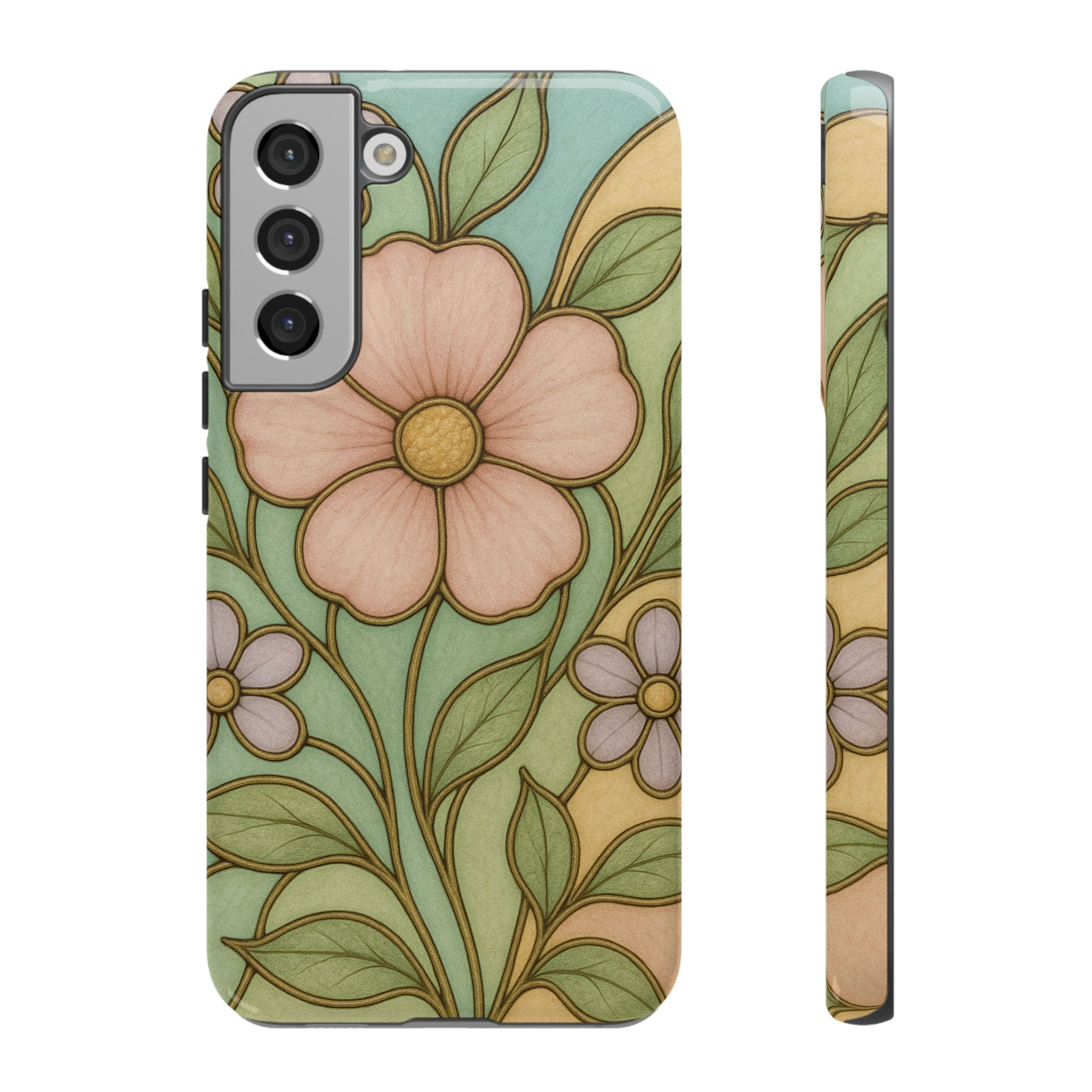 Pastel Pink, Yellow Stain Glass Illusion Floral Phone Case  Romantic Cottagecore Aesthetic, Soft Botanical Design, Protective Gift for Her, Fits iPhone & Samsung Models