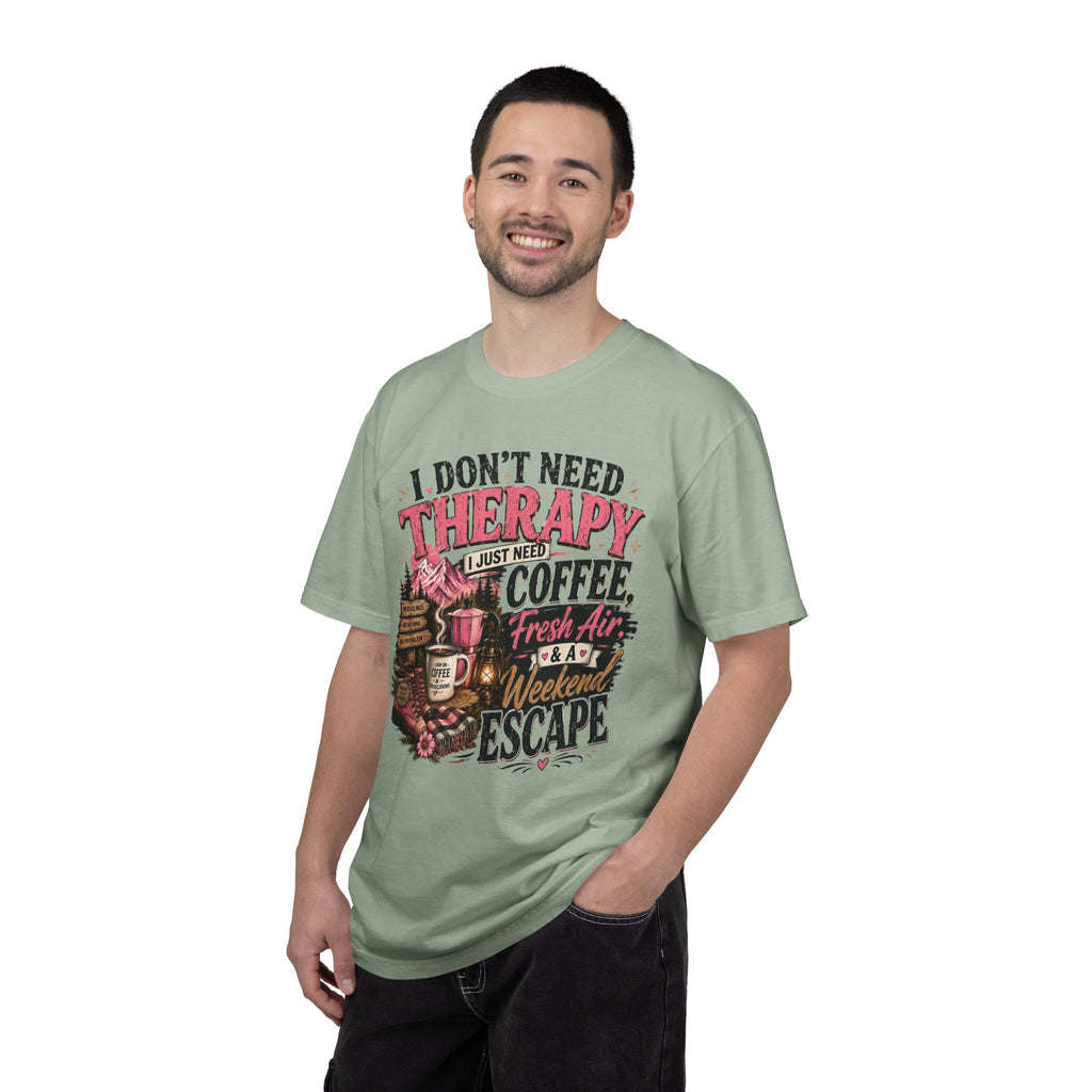 T-Shirt — “I Don’t Need Therapy, I Just Need Coffee, Fresh Air & A Weekend Escape” Vintage Coffee & Outdoors Tee