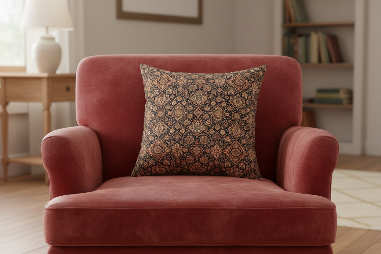Decorative pillow with a brown and black pattern on a white background