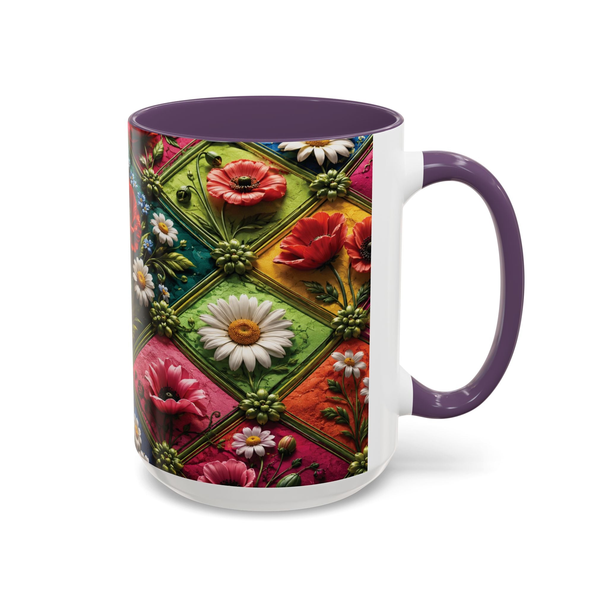 Floral Patchwork Accent Coffee Mug — Colorful Poppies & Daisies (11/15oz) 3D Illusion