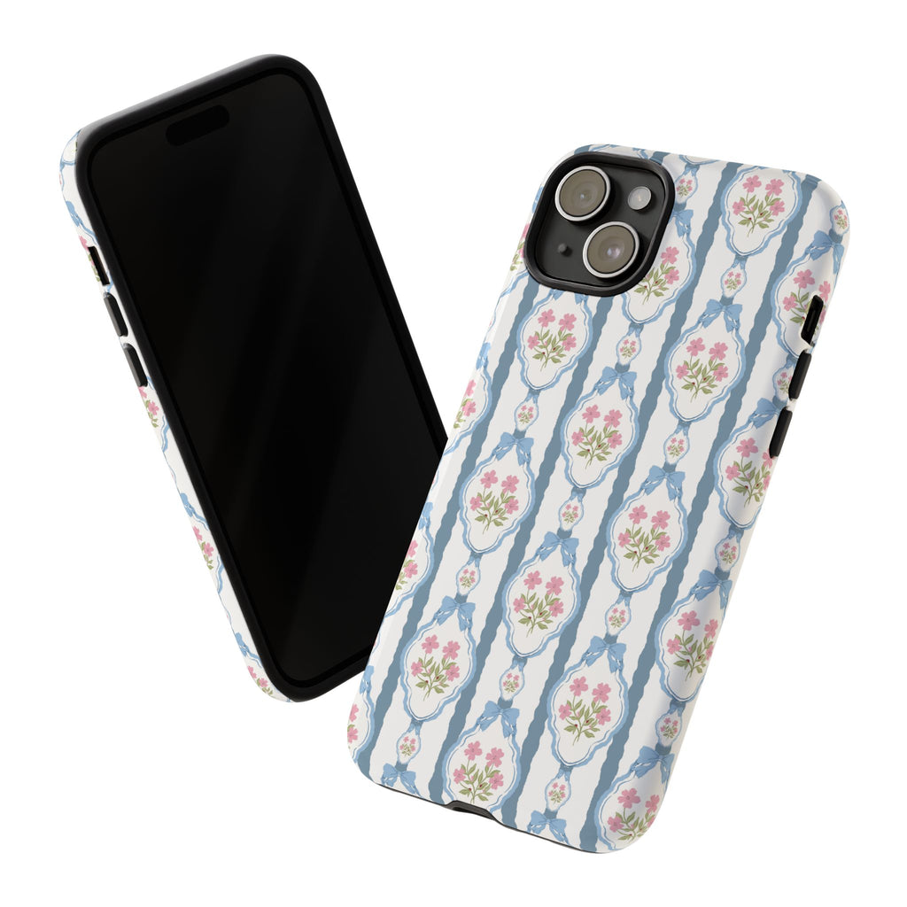 Coque de téléphone Vintage Nœud Bleu et Rose — Motif floral romantique « Tough Cases »