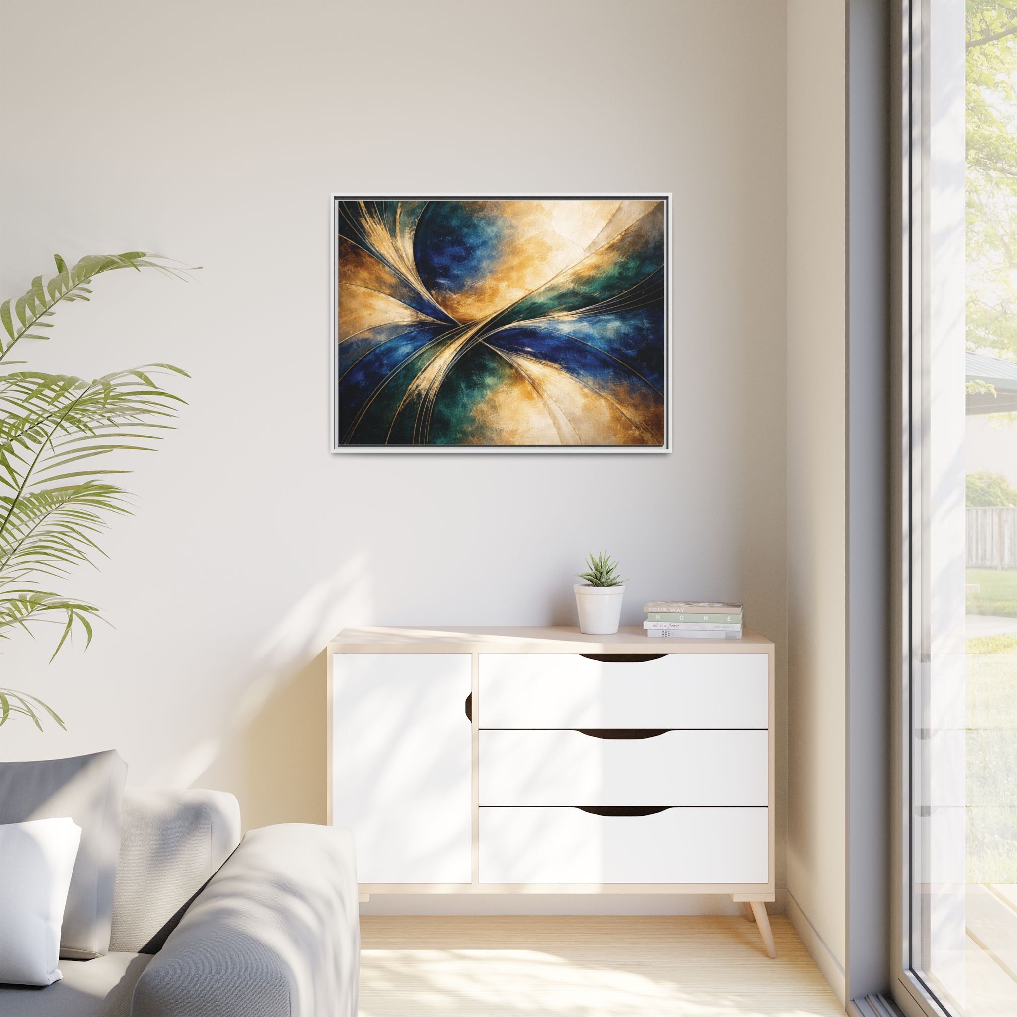 Gilded Convergence  Luxe NeoDeco Blue & Gold Abstract Wall Art Framed