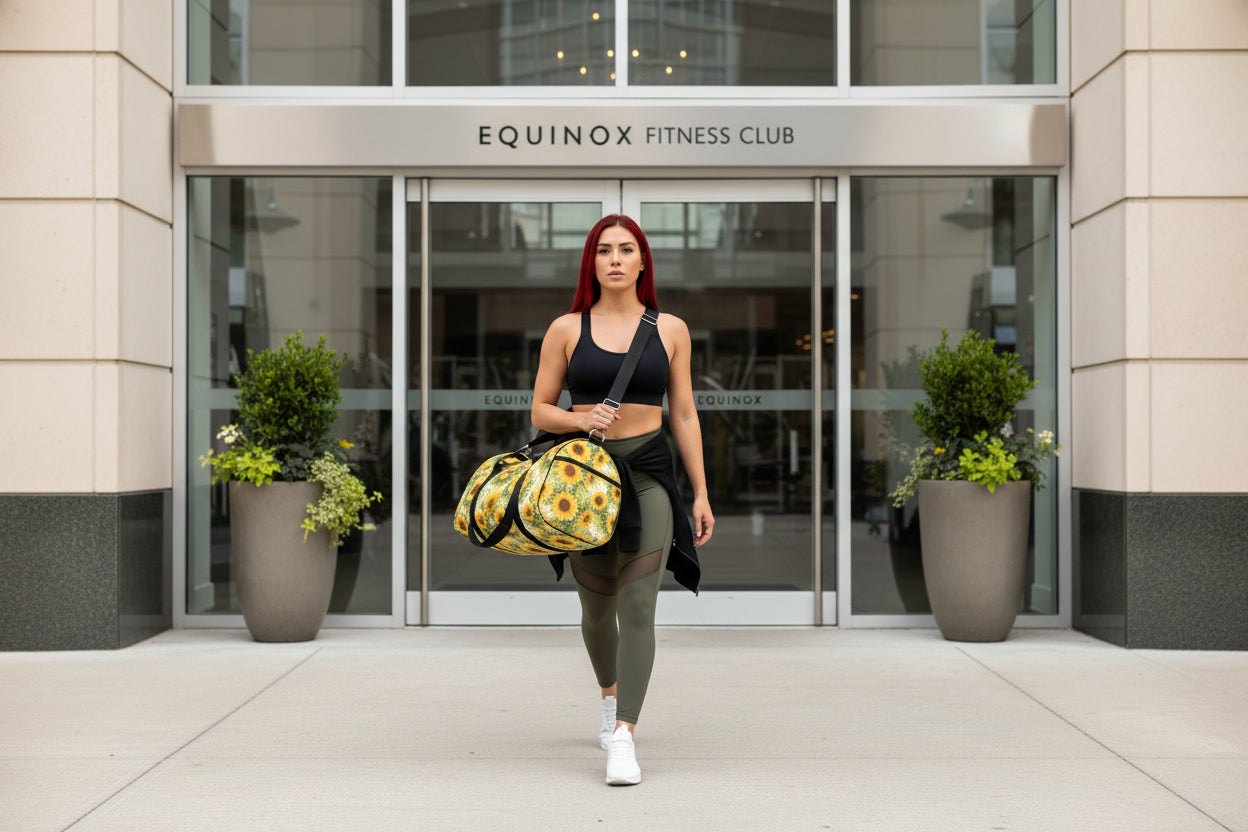 Duffel bag with sunflower pattern on a white background