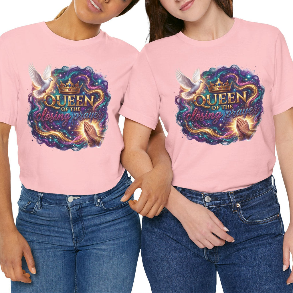Two people wearing pink t-shirts with 'Queen of the Fling Queen' design on a white background