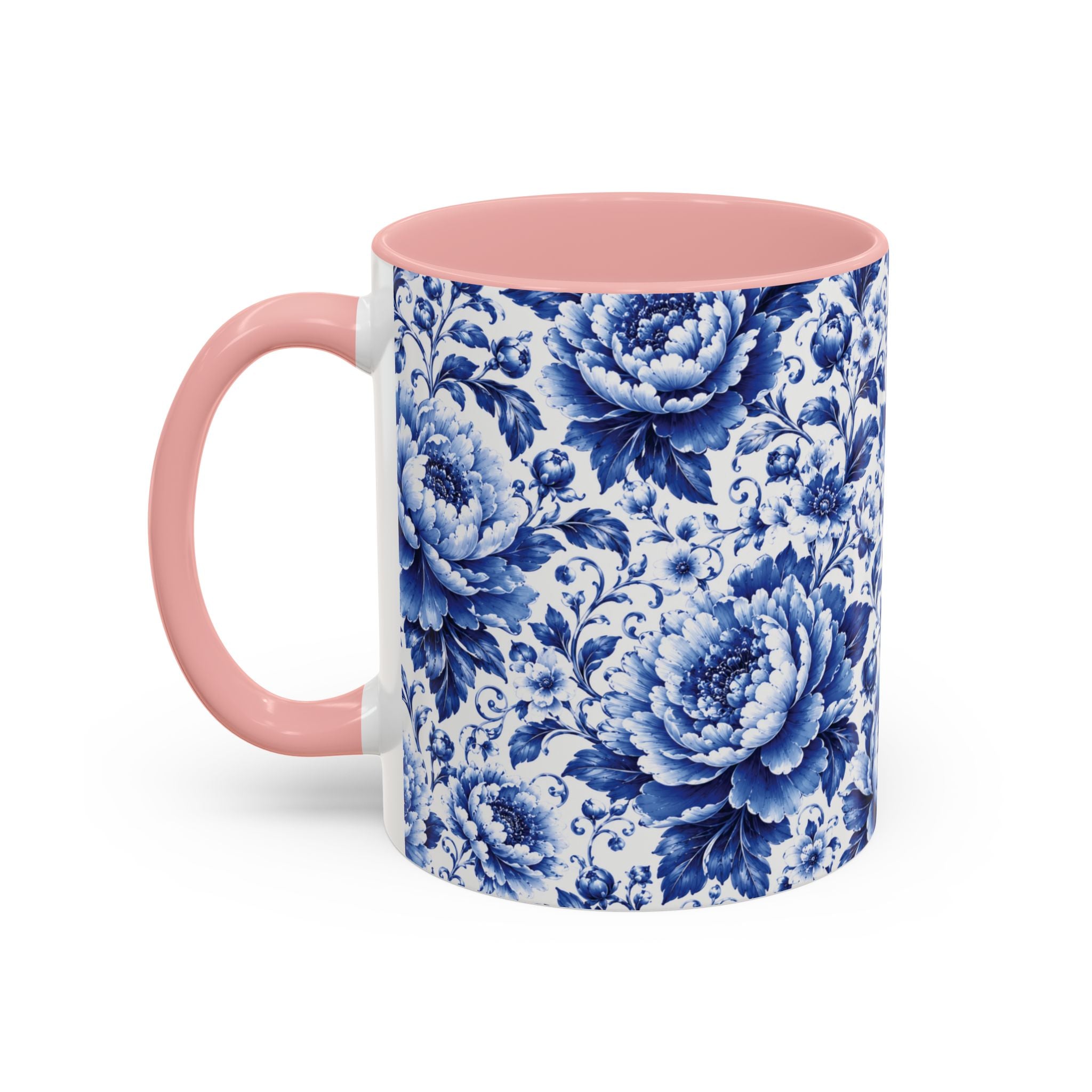 Blue Floral Ceramic Coffee Mug — Vintage Delft Peony Accent (11oz & 15oz) Blue & White Chinoiserie Tea Mug