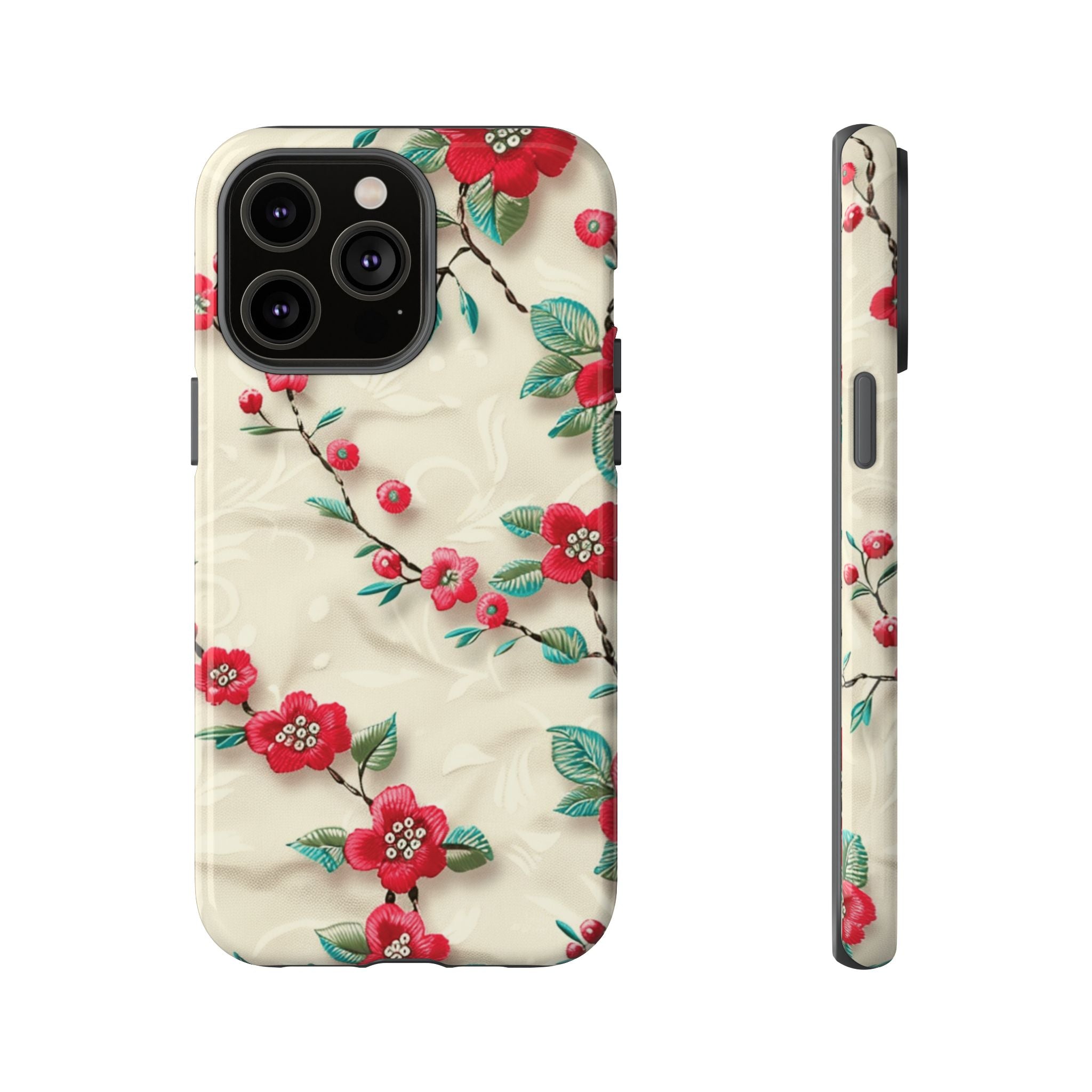 3D Embroidery Illusion Red Flowers Phone Case for iPhone, Samsung Pixel Artistic Floral Protection 15 14 13 12, 21 23 Gift for Her Perfect for Floral Lover