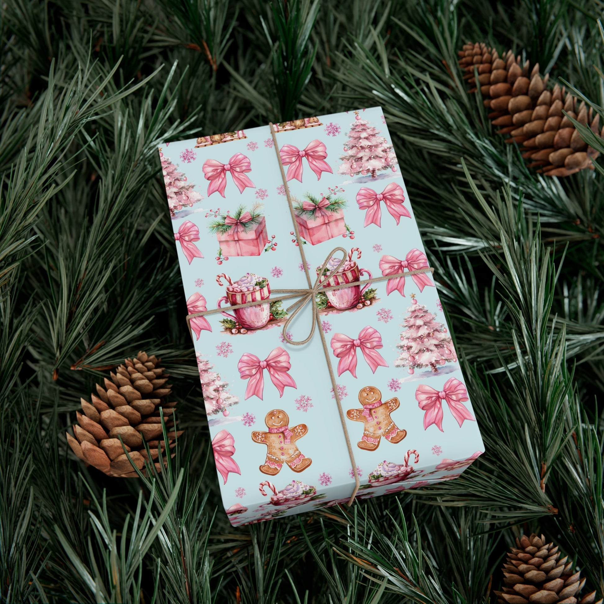 Coquette Pink Gingerbread House Man Wrapping Paper with Adorable Pink Bows Perfect for Whimsical Christmas Gift Wrap | Festive Holiday Present Wrapping Sheets - MRSBYVALLE