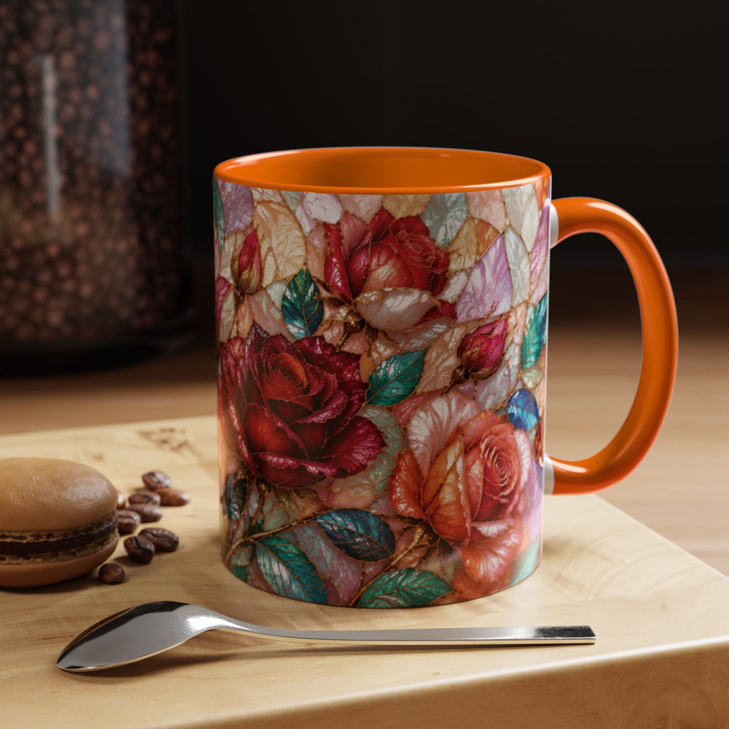 Floral Stained-Glass Accent Coffee Mug Colorful Rose Pattern (11/15 oz) Gift for Her
