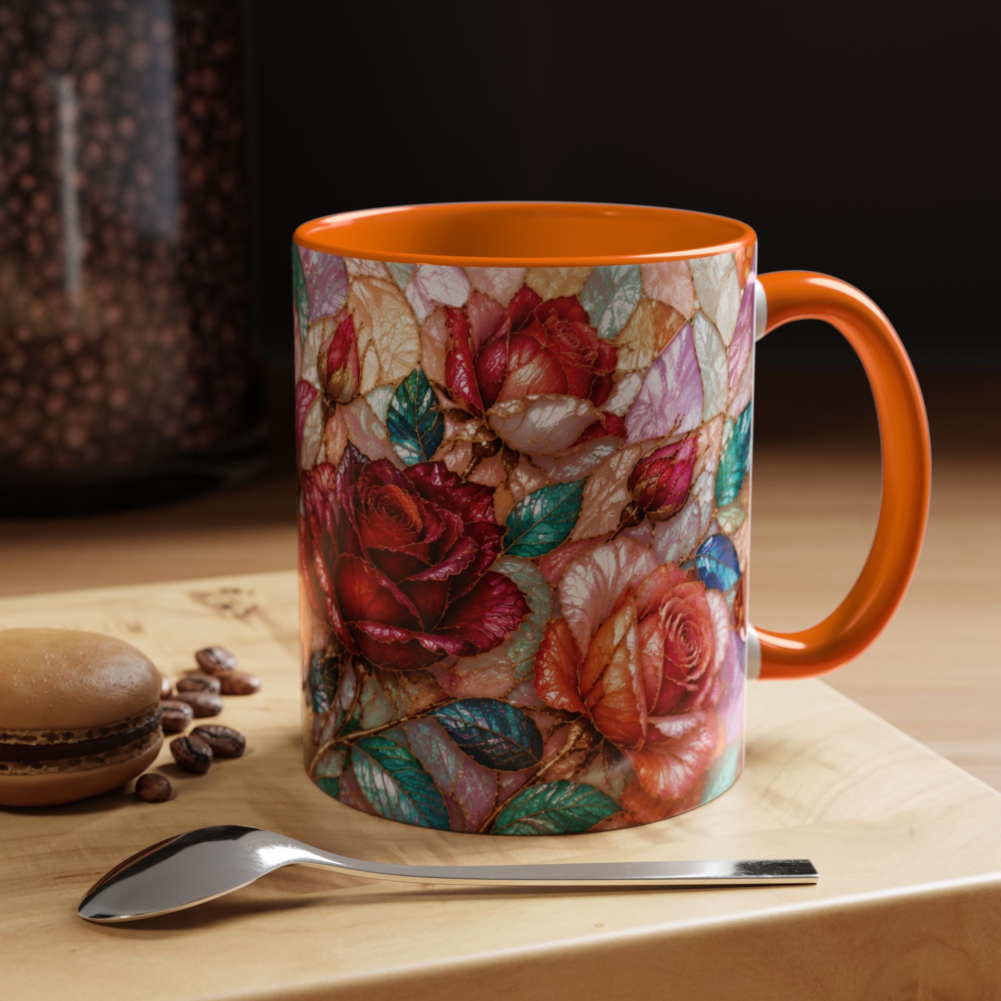Floral Stained-Glass Accent Coffee Mug Colorful Rose Pattern (11/15 oz) Gift for Her
