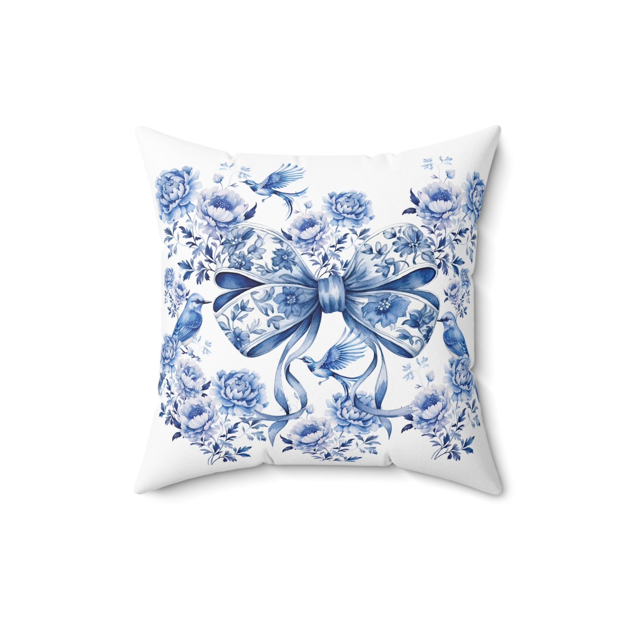 Elegant Blue Bow Chinoiserie Square Pillow – Vintage Bird & Floral Design, Soft & Stylish, Available in 16x16, 18x18 & 20x20, Perfect for Home Decor & Gifting Sofa Decor 100% Polyester with Double-Sided Print