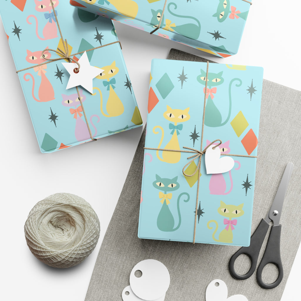Papier cadeau chat atomique, papier cadeau rétro, motif chaton pastel du milieu du siècle, fêtes vintage 30x20, 30x72, 30x144 Parfait pour toutes les occasions