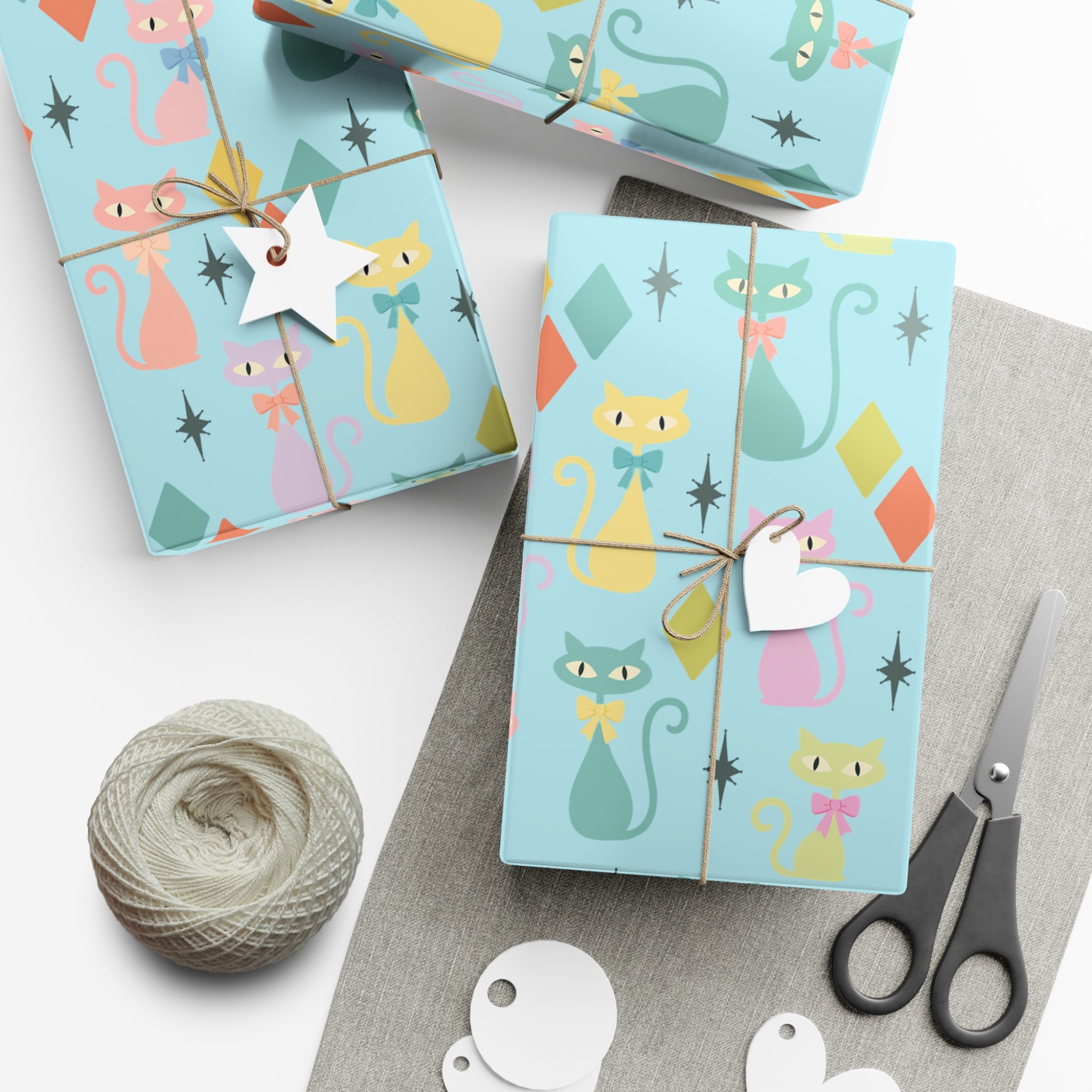 Papier cadeau chat atomique, papier cadeau rétro, motif chaton pastel du milieu du siècle, fêtes vintage 30x20, 30x72, 30x144 Parfait pour toutes les occasions