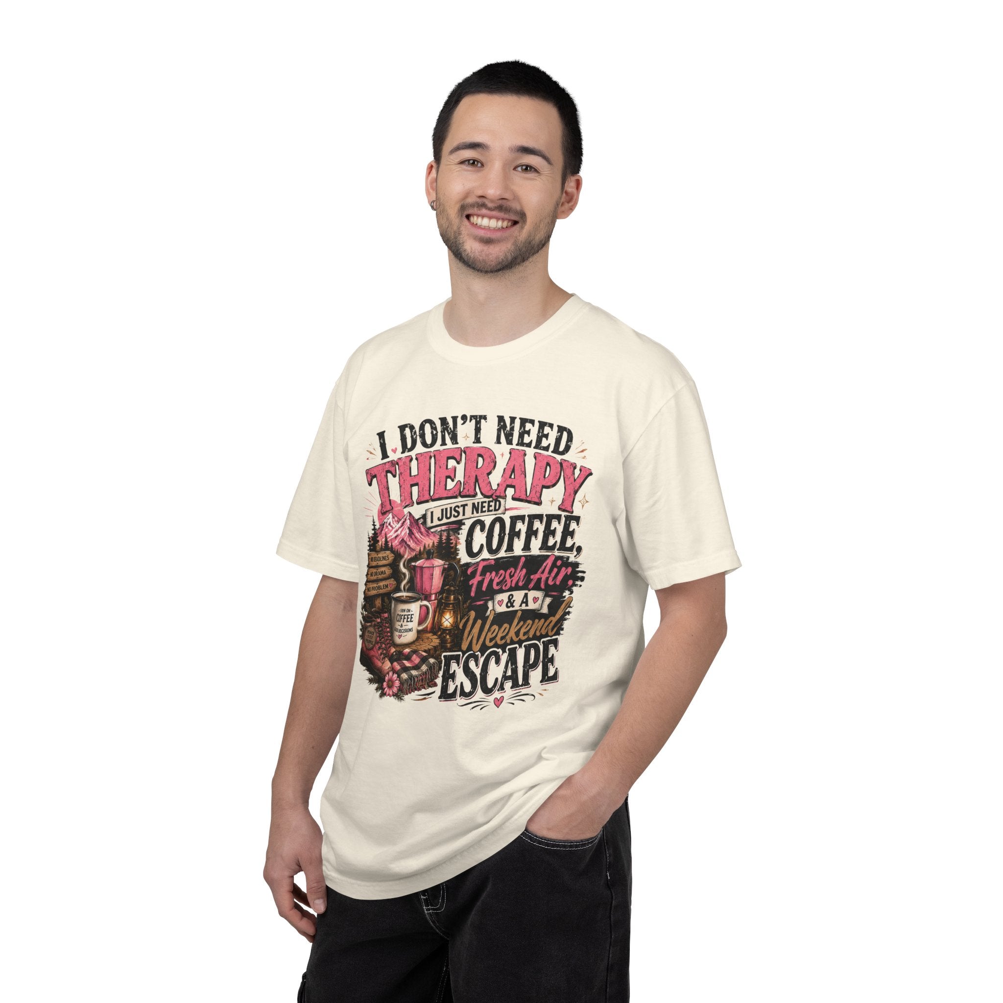 T-Shirt — “I Don’t Need Therapy, I Just Need Coffee, Fresh Air & A Weekend Escape” Vintage Coffee & Outdoors Tee