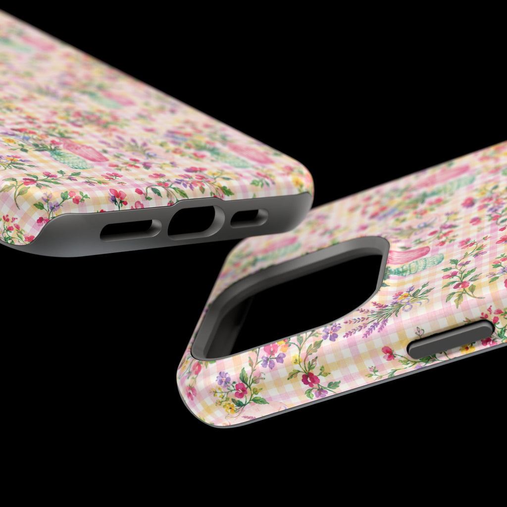 Turquoise & Pink Floral Checker Phone Case — Magnetic Impact-Resistant
