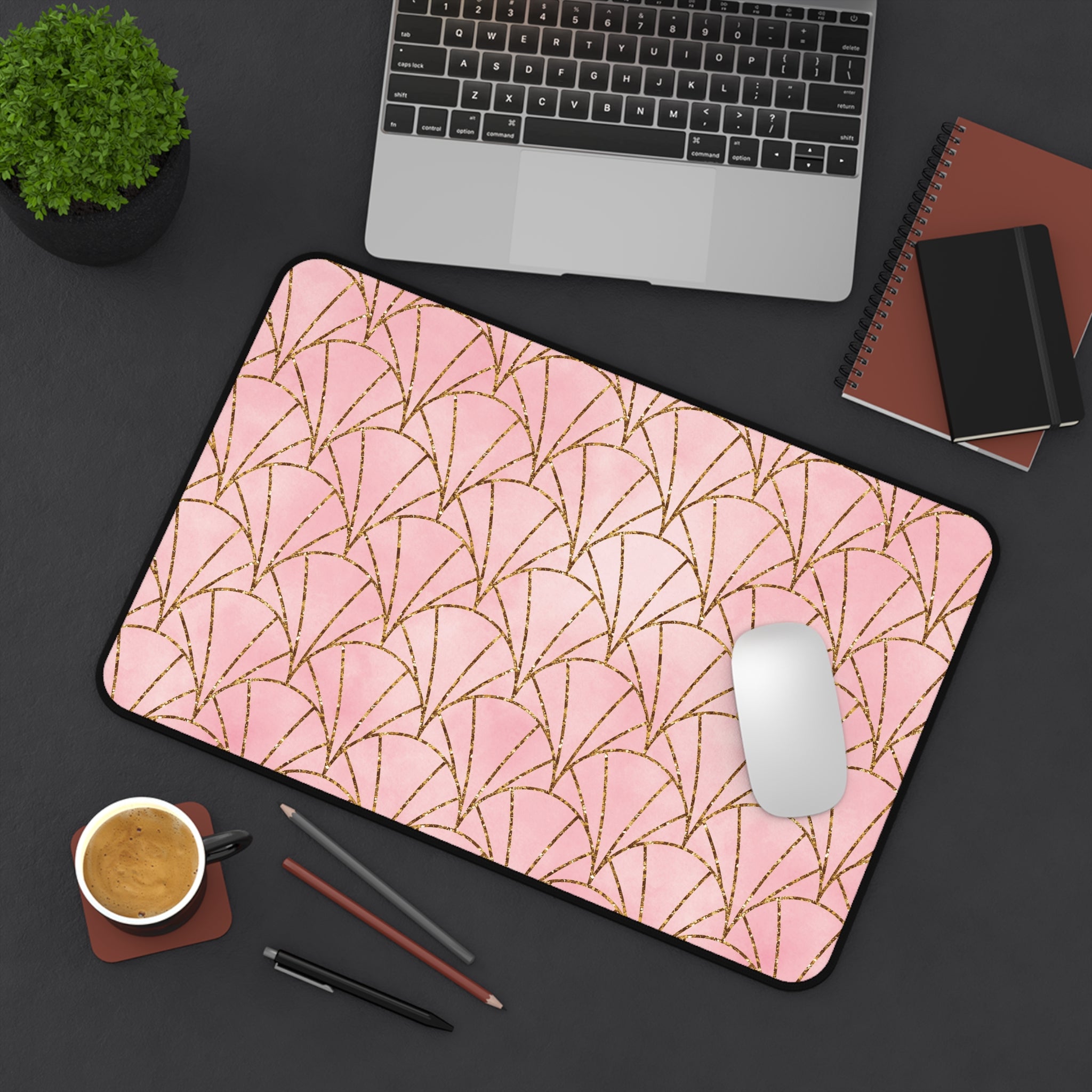 Art Deco Pink & Gold Fan Desk Mat — Glam Desktop Mouse Pad