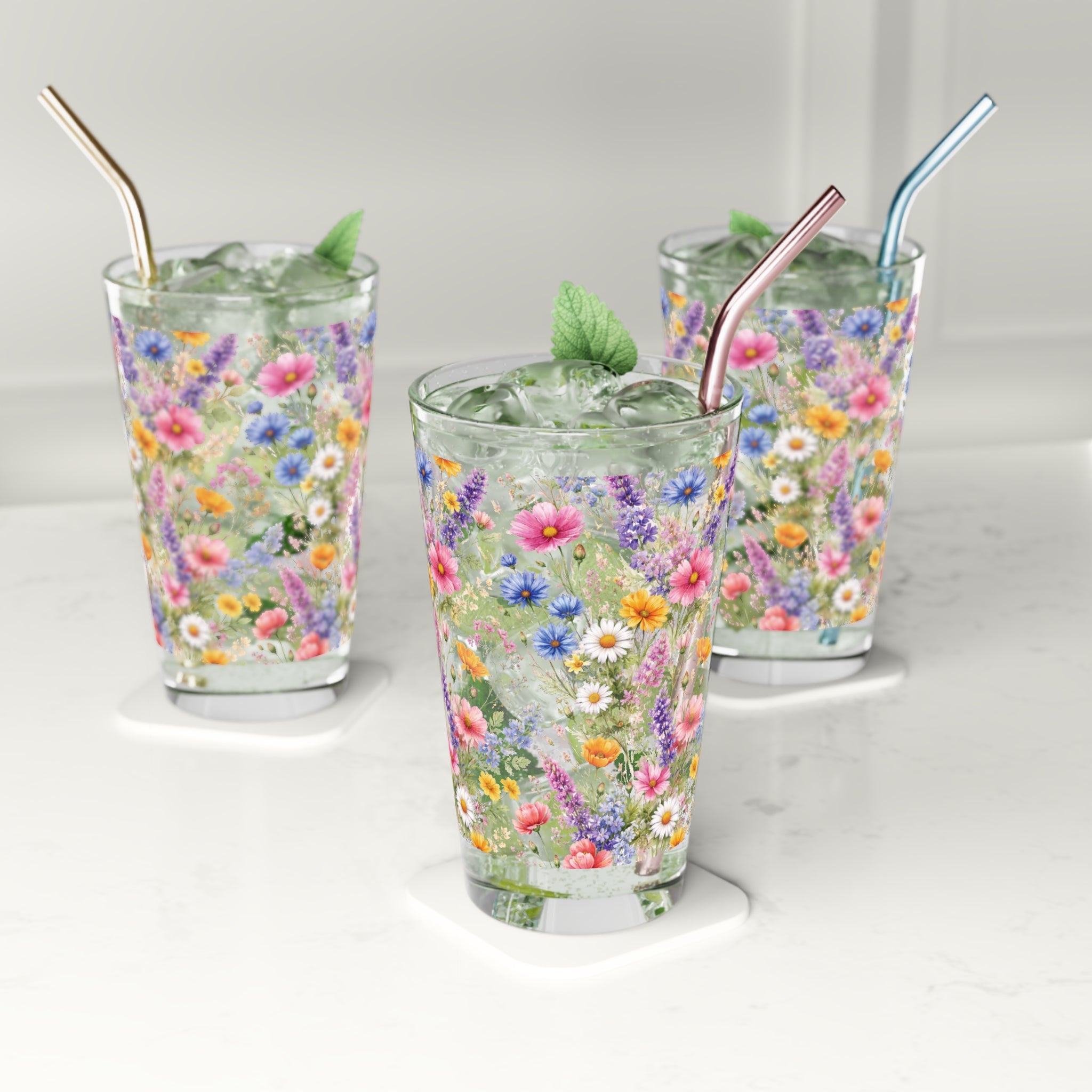 16oz Pint Glass — Wildflowers Bright Floral Spring Pint Party Glassware - Perfect for Wedding or Mom