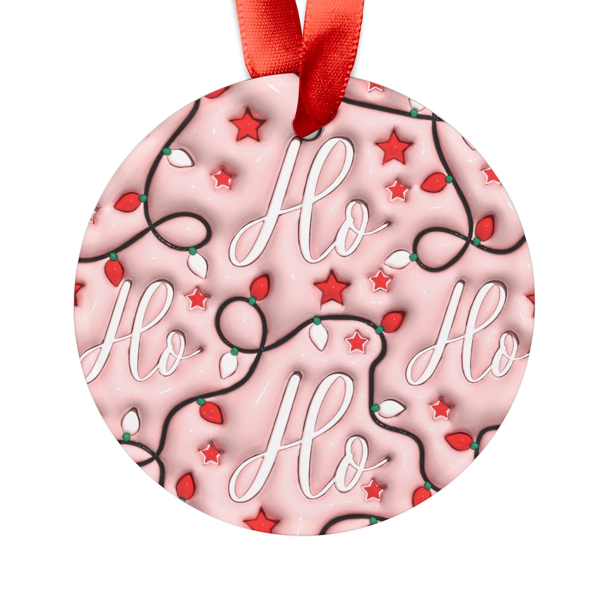 Pink 3D 'Ho Ho Ho' Illusion Ornament with Red Ribbon Festive Holiday Decor, Glossy Finish, 2.9x2.9 Inches, Unique Christmas Tree Accent Gift for Family - MRSBYVALLE