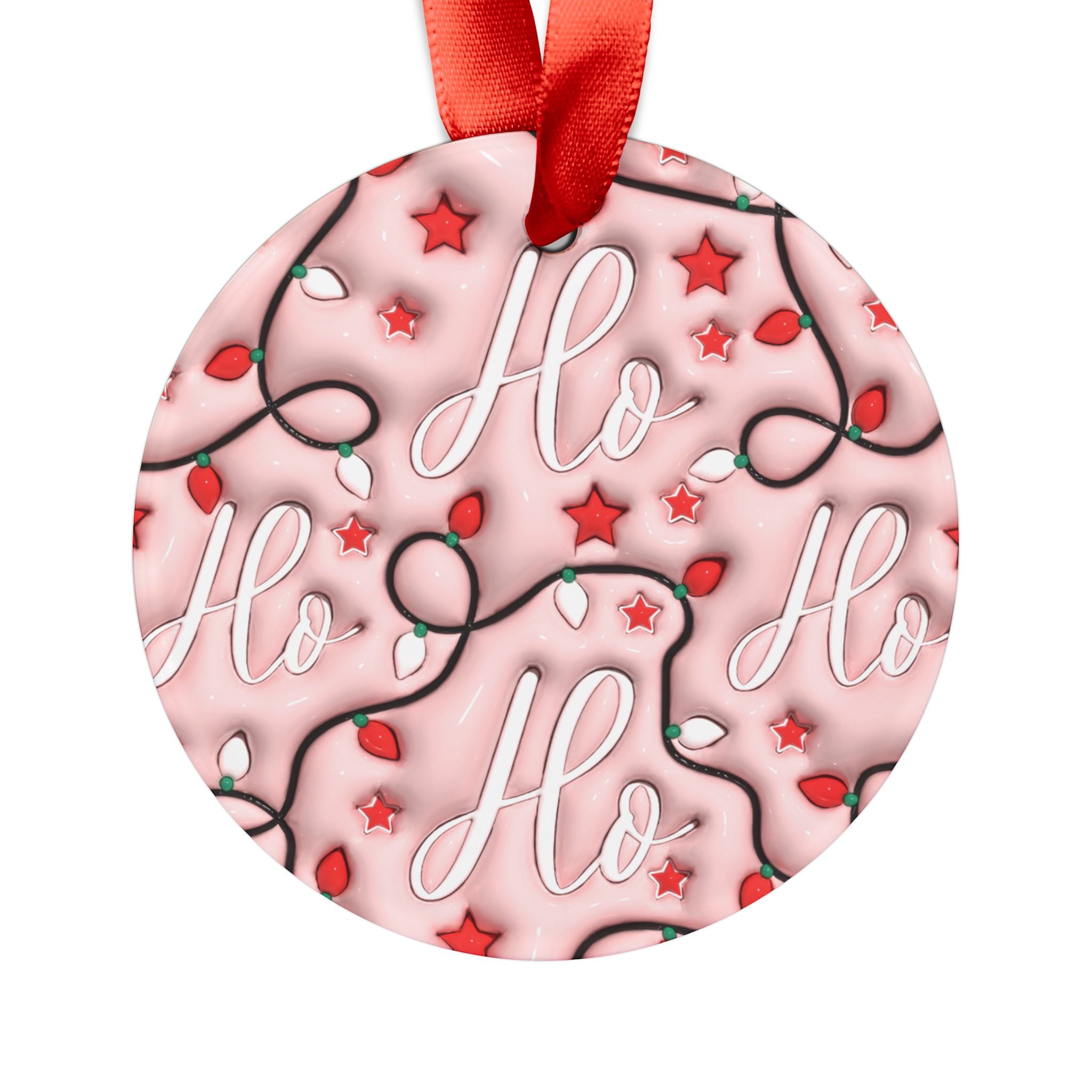 Pink 3D 'Ho Ho Ho' Illusion Ornament with Red Ribbon Festive Holiday Decor, Glossy Finish, 2.9x2.9 Inches, Unique Christmas Tree Accent Gift for Family - MRSBYVALLE