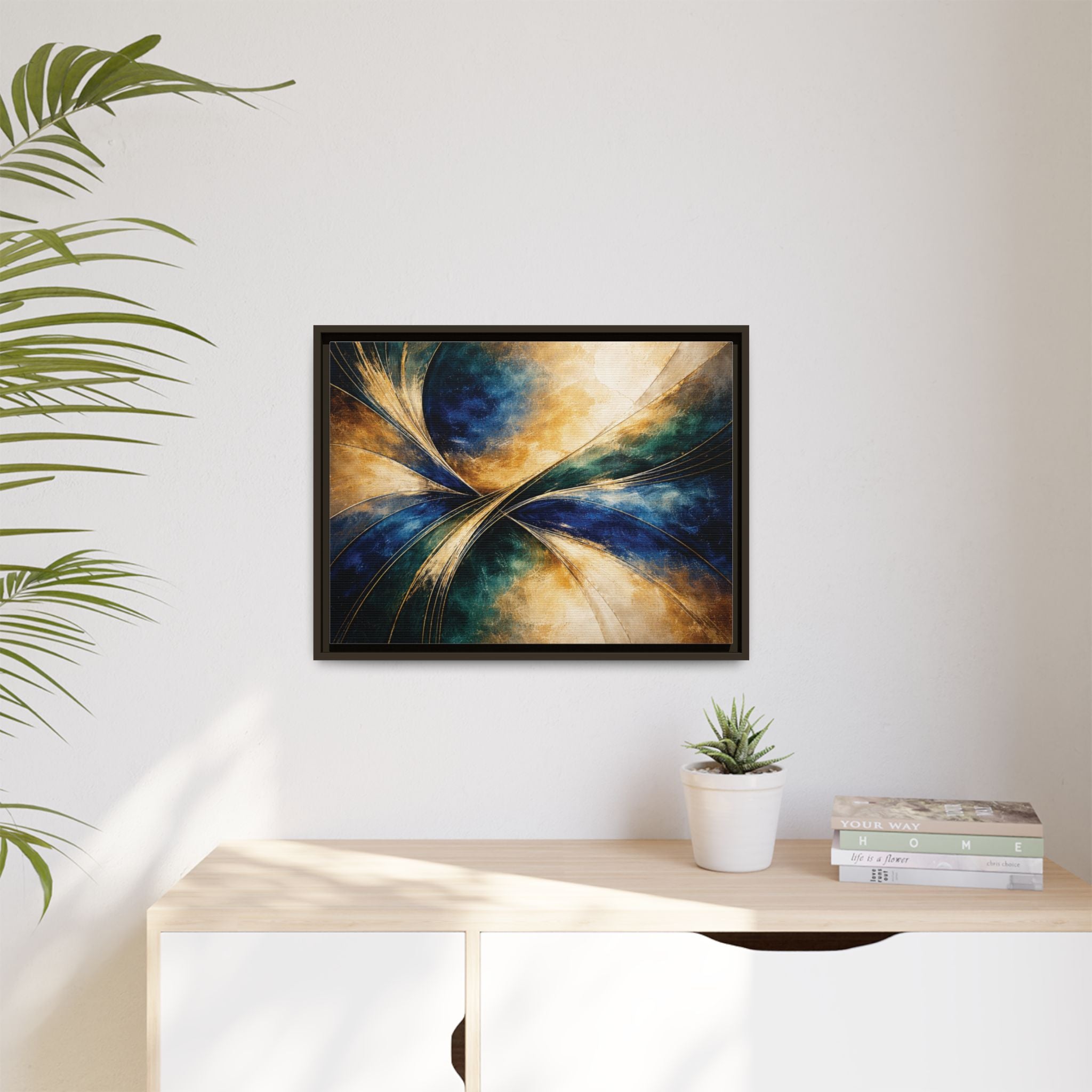 Gilded Convergence  Luxe NeoDeco Blue & Gold Abstract Wall Art Framed