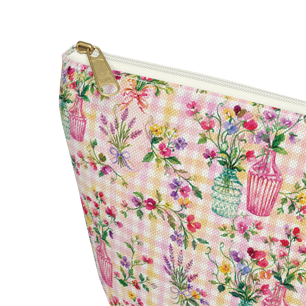 Trousse à accessoires à carreaux floraux turquoise et rose (fond en T) Maquillage, Sac cadeau pour elle