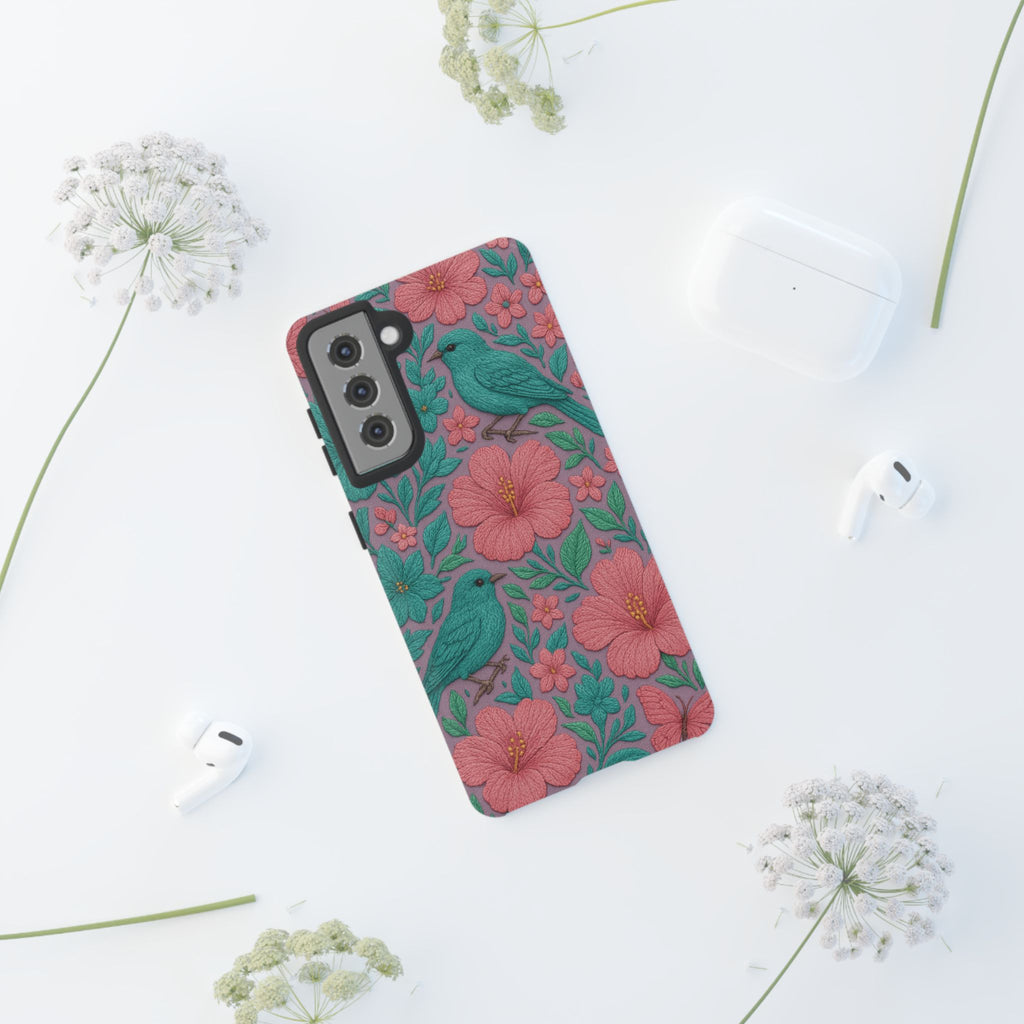 Turquoise, Pink and Lavender 3D Embroidery Illusion Phone Case Tropical Flowers, Birds & Butterflies Cover with Bold, Realistic Floral Texture iPhone, Samsung