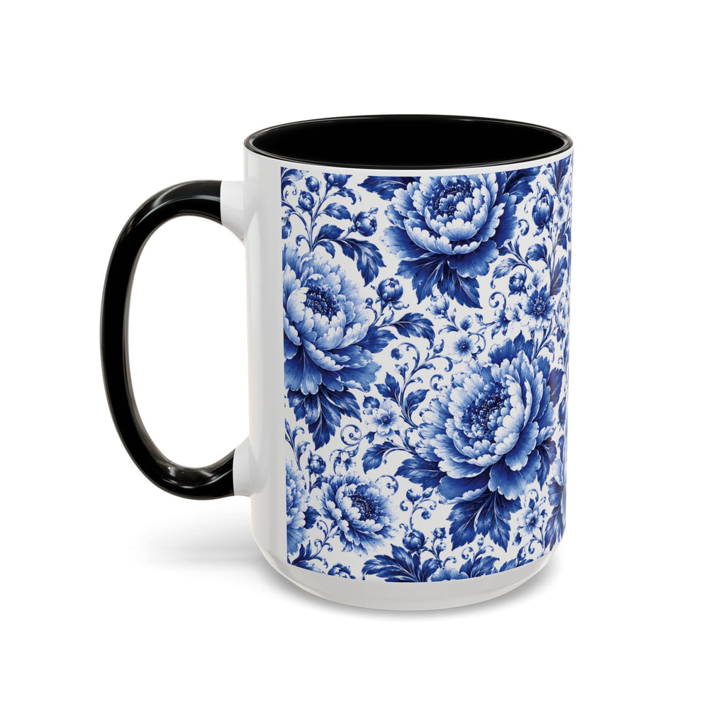Blue Floral Ceramic Coffee Mug — Vintage Delft Peony Accent (11oz & 15oz) Blue & White Chinoiserie Tea Mug