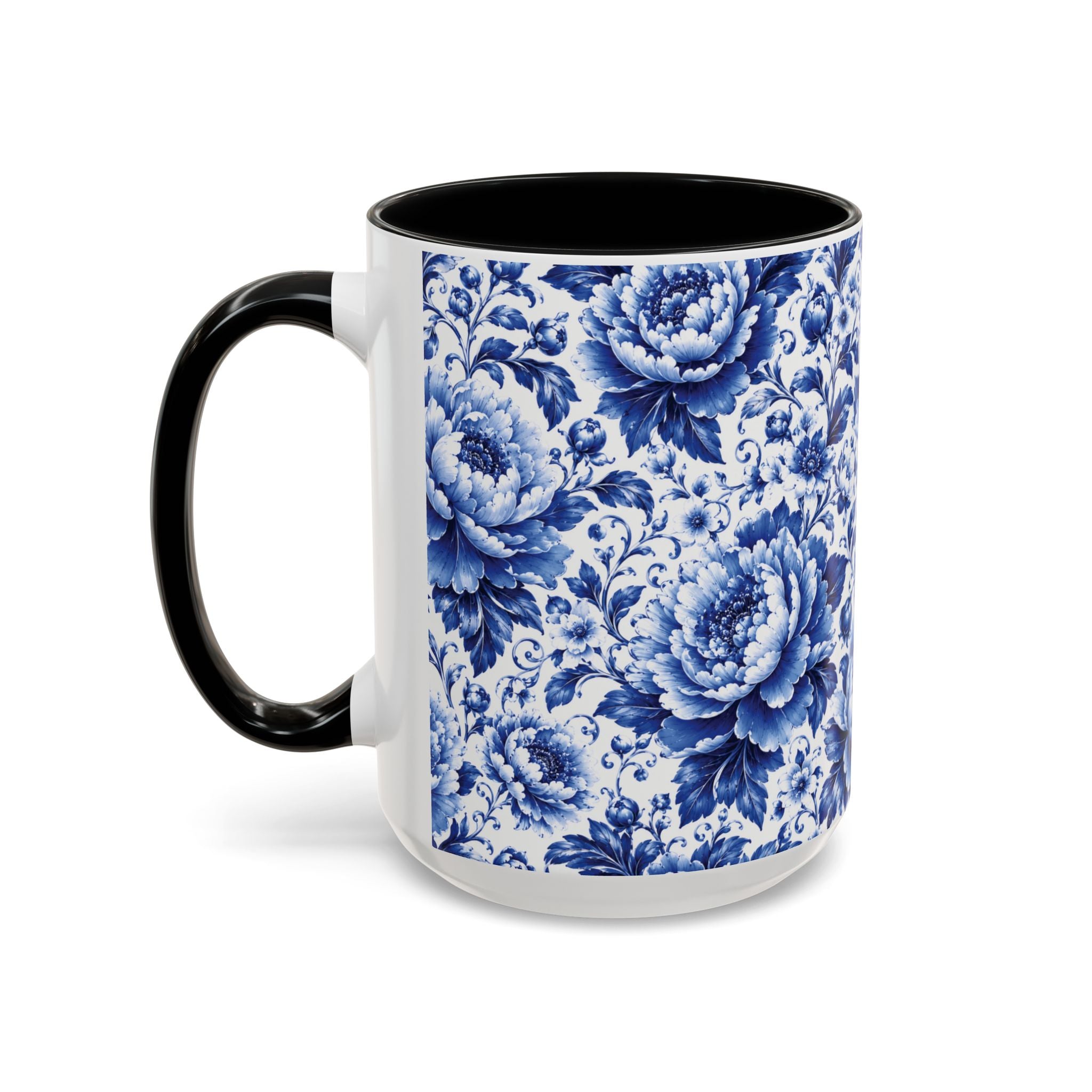 Blue Floral Ceramic Coffee Mug — Vintage Delft Peony Accent (11oz & 15oz) Blue & White Chinoiserie Tea Mug