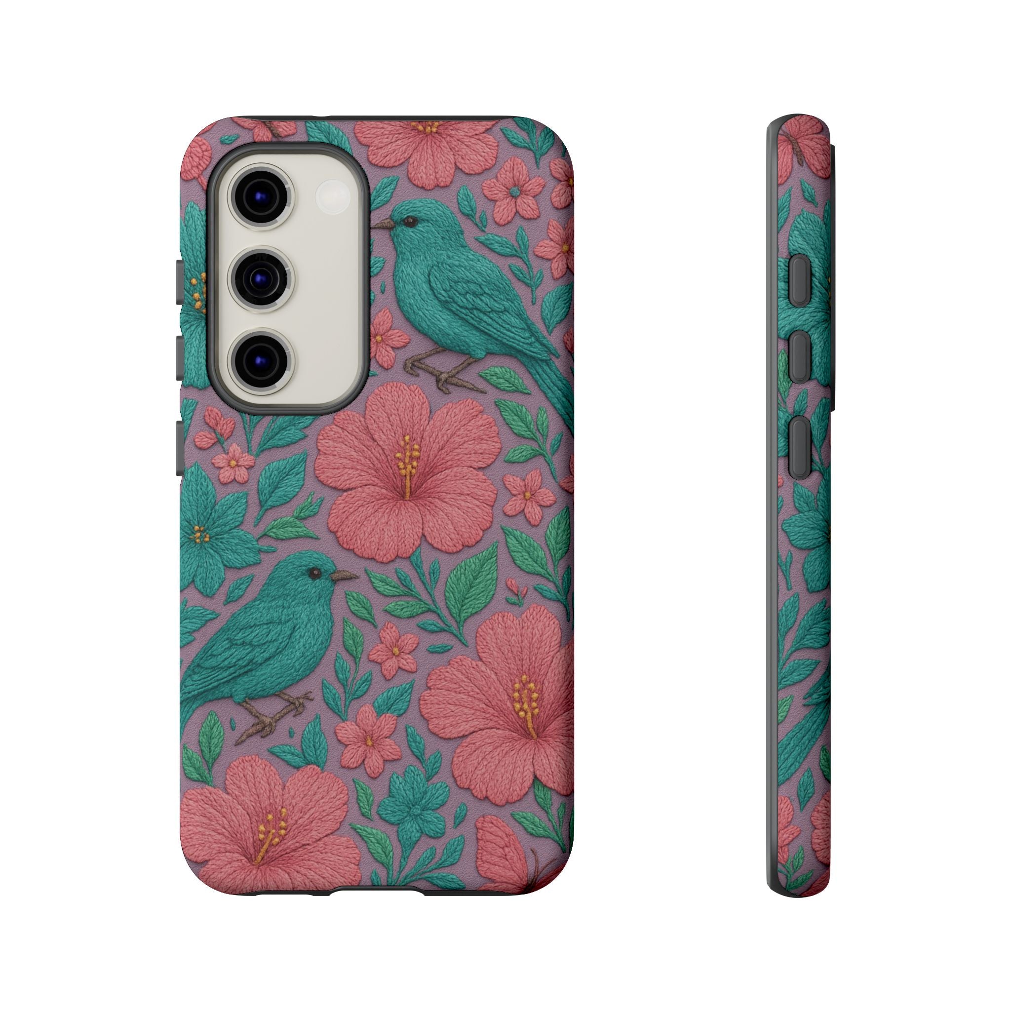 Turquoise, Pink and Lavender 3D Embroidery Illusion Phone Case Tropical Flowers, Birds & Butterflies Cover with Bold, Realistic Floral Texture iPhone, Samsung