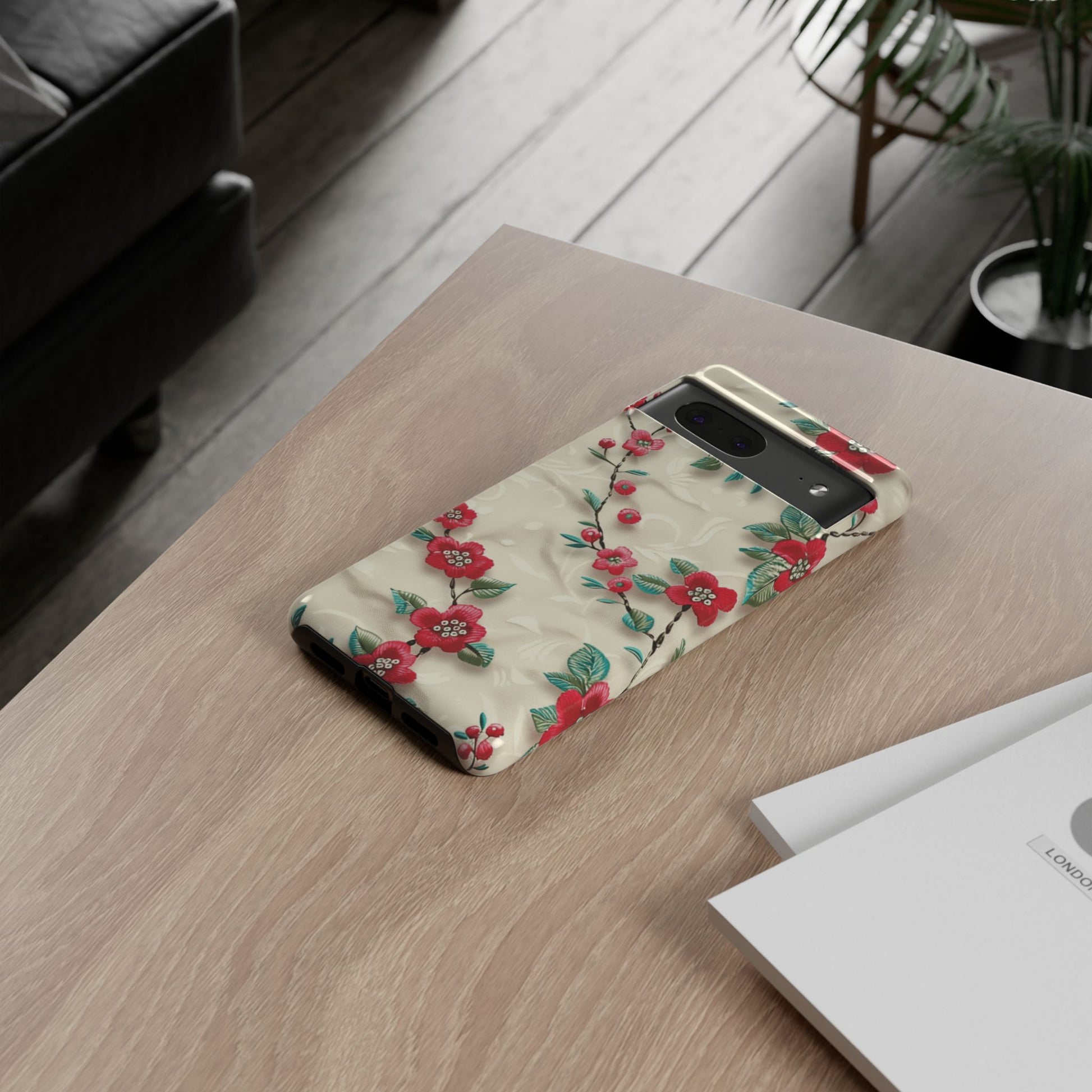 3D Embroidery Illusion Red Flowers Phone Case for iPhone, Samsung Pixel Artistic Floral Protection 15 14 13 12, 21 23 Gift for Her Perfect for Floral Lover
