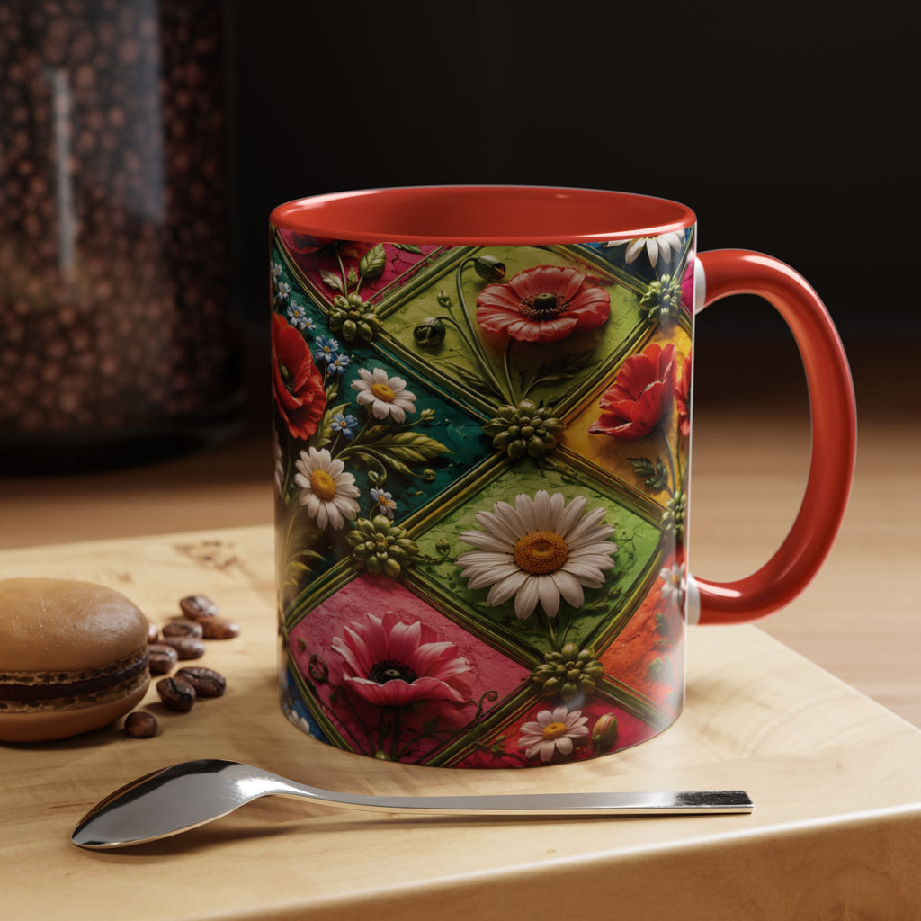 Floral Patchwork Accent Coffee Mug — Colorful Poppies & Daisies (11/15oz) 3D Illusion