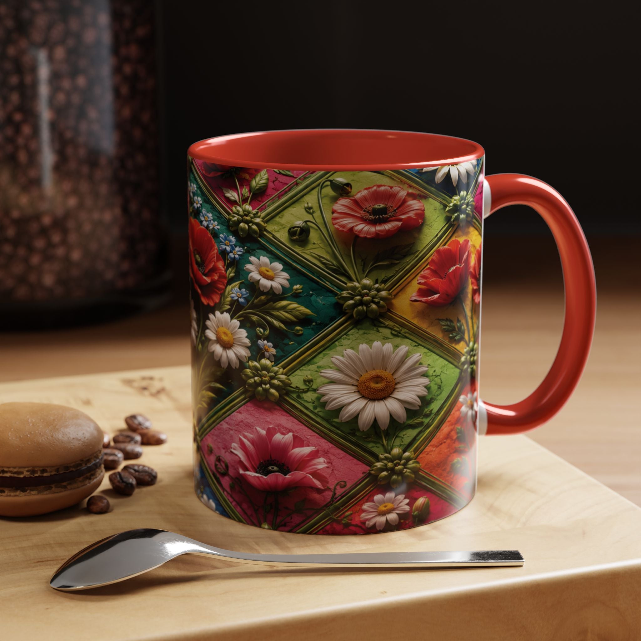 Floral Patchwork Accent Coffee Mug — Colorful Poppies & Daisies (11/15oz) 3D Illusion