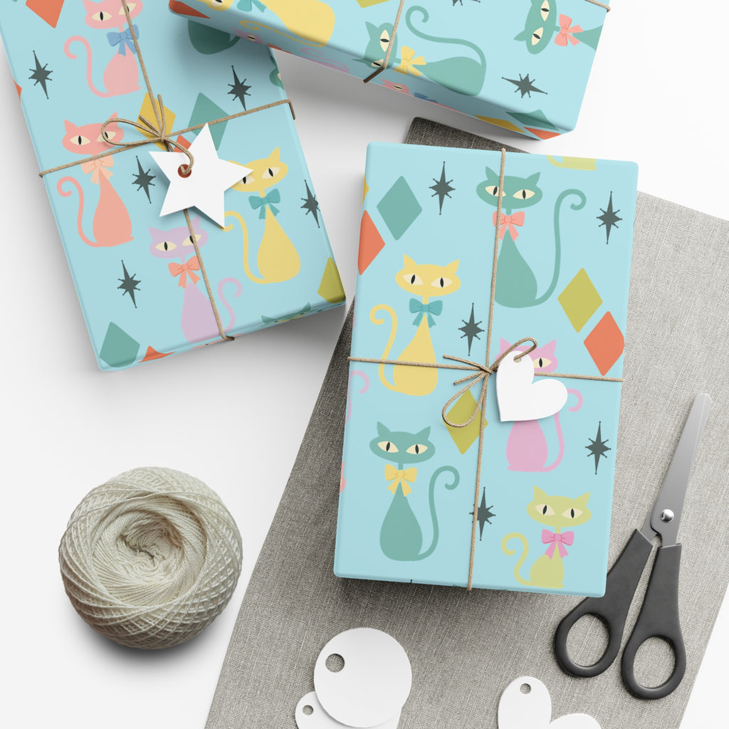Papier cadeau chat atomique, papier cadeau rétro, motif chaton pastel du milieu du siècle, fêtes vintage 30x20, 30x72, 30x144 Parfait pour toutes les occasions