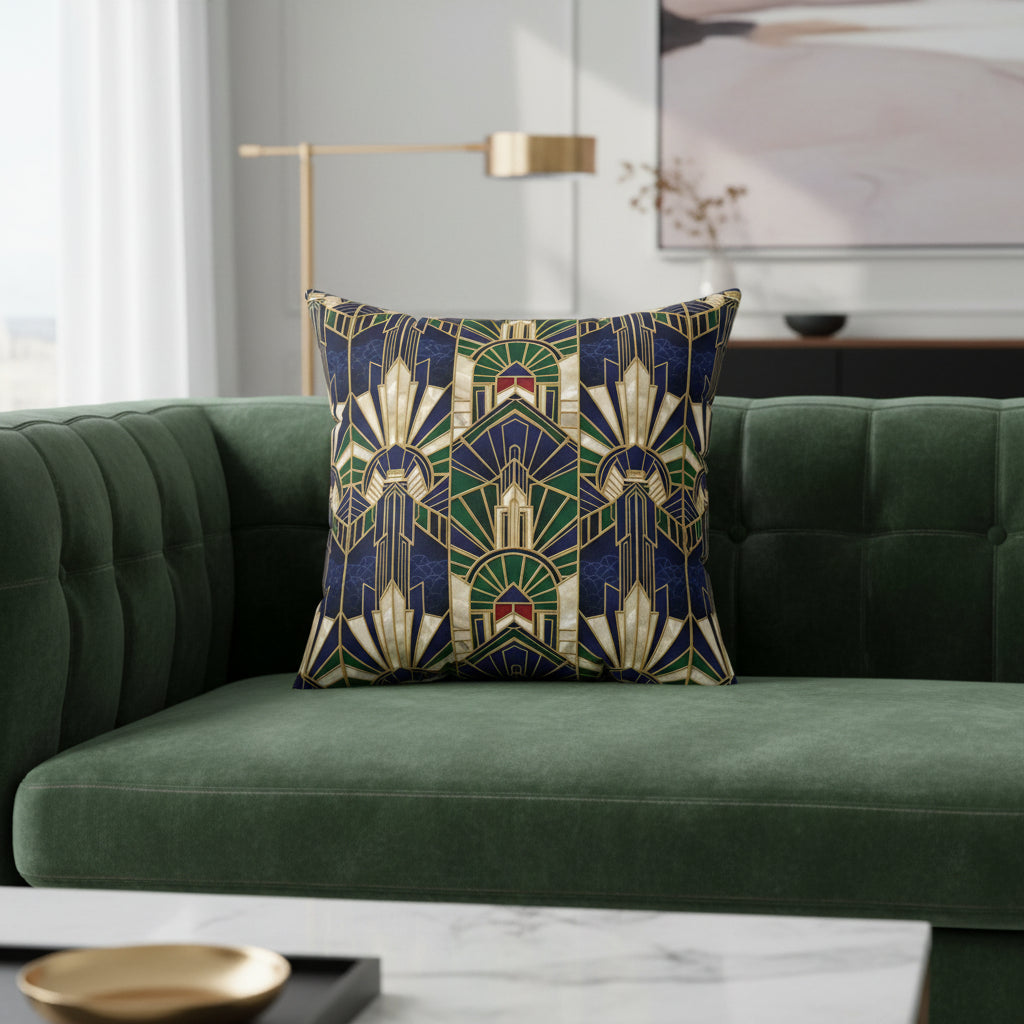 Decorative pillow with geometric art deco pattern on a white background