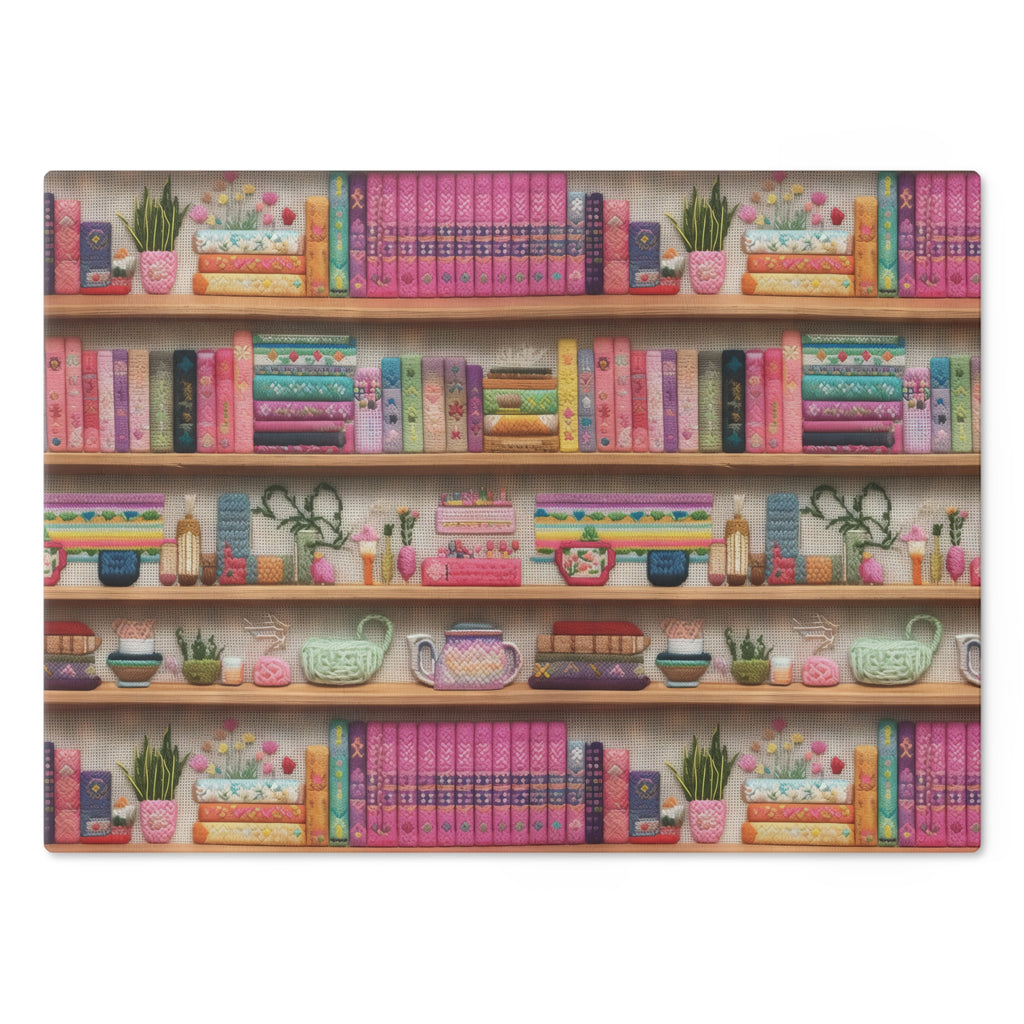 Charming 3D Embroidery Illusion Books on Pastel Shelves Glass Cutting Board Perfect for Book Lovers' Kitchens Cooking Kitchen Decor Housewarming, New House Gift - MRSBYVALLE