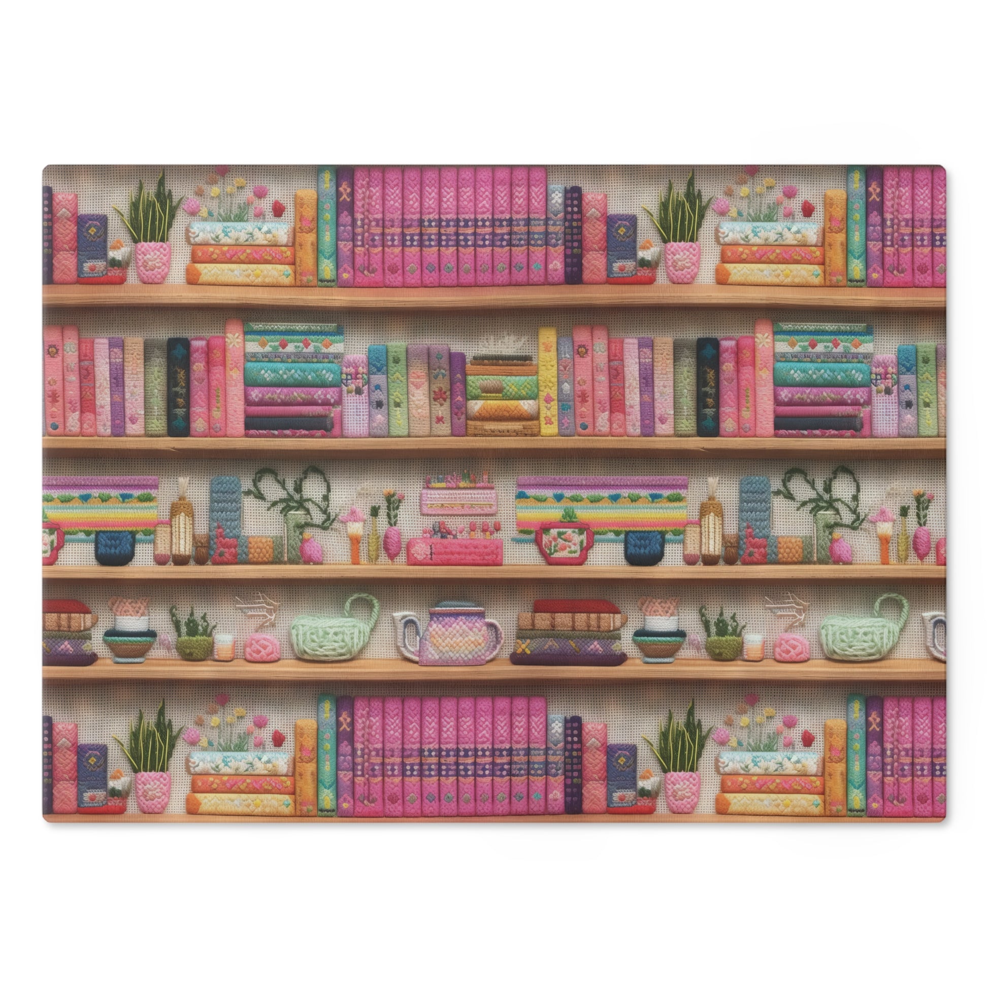 Charming 3D Embroidery Illusion Books on Pastel Shelves Glass Cutting Board Perfect for Book Lovers' Kitchens Cooking Kitchen Decor Housewarming, New House Gift - MRSBYVALLE