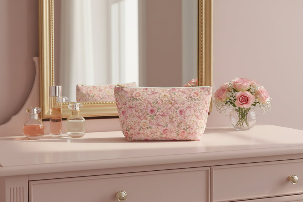 Floral patterned pouch on a white background
