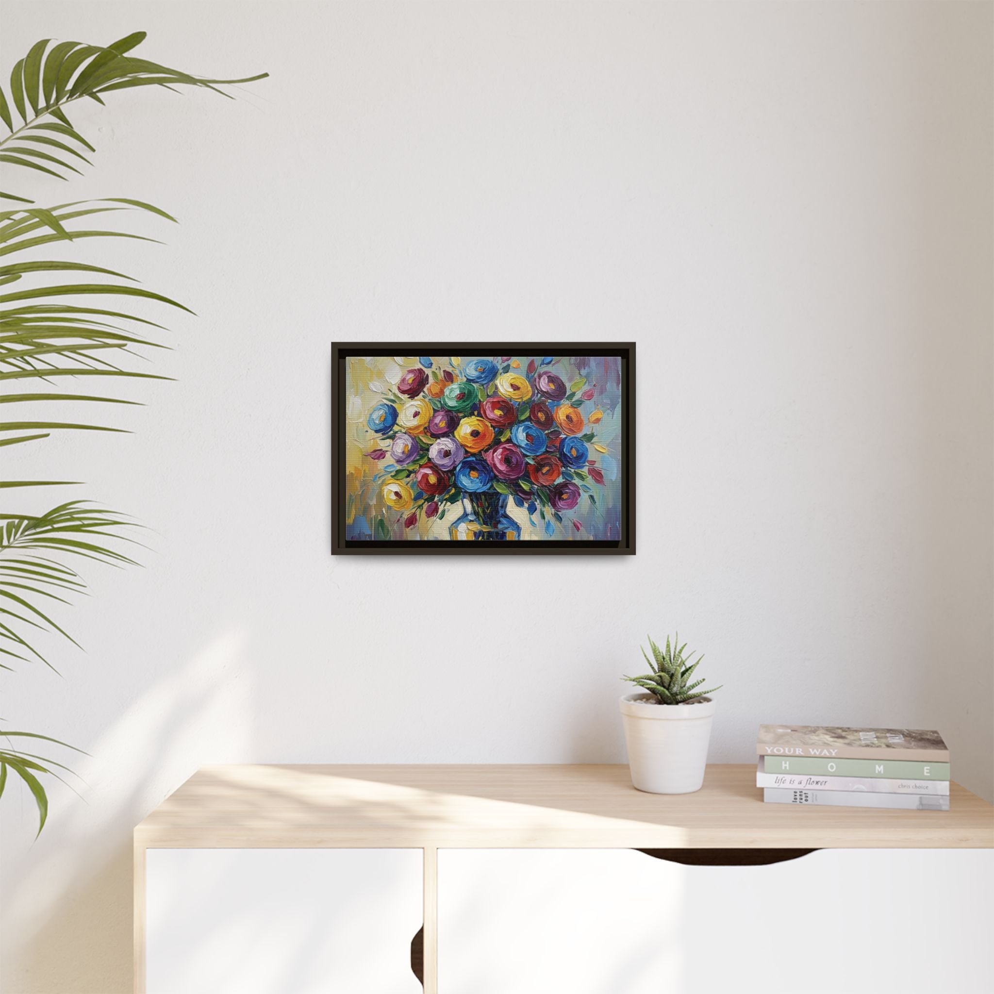 Impression sur toile bouquet floral aquarelle - Tableau mural encadré mat - Illusion de peinture à l'huile vibrante