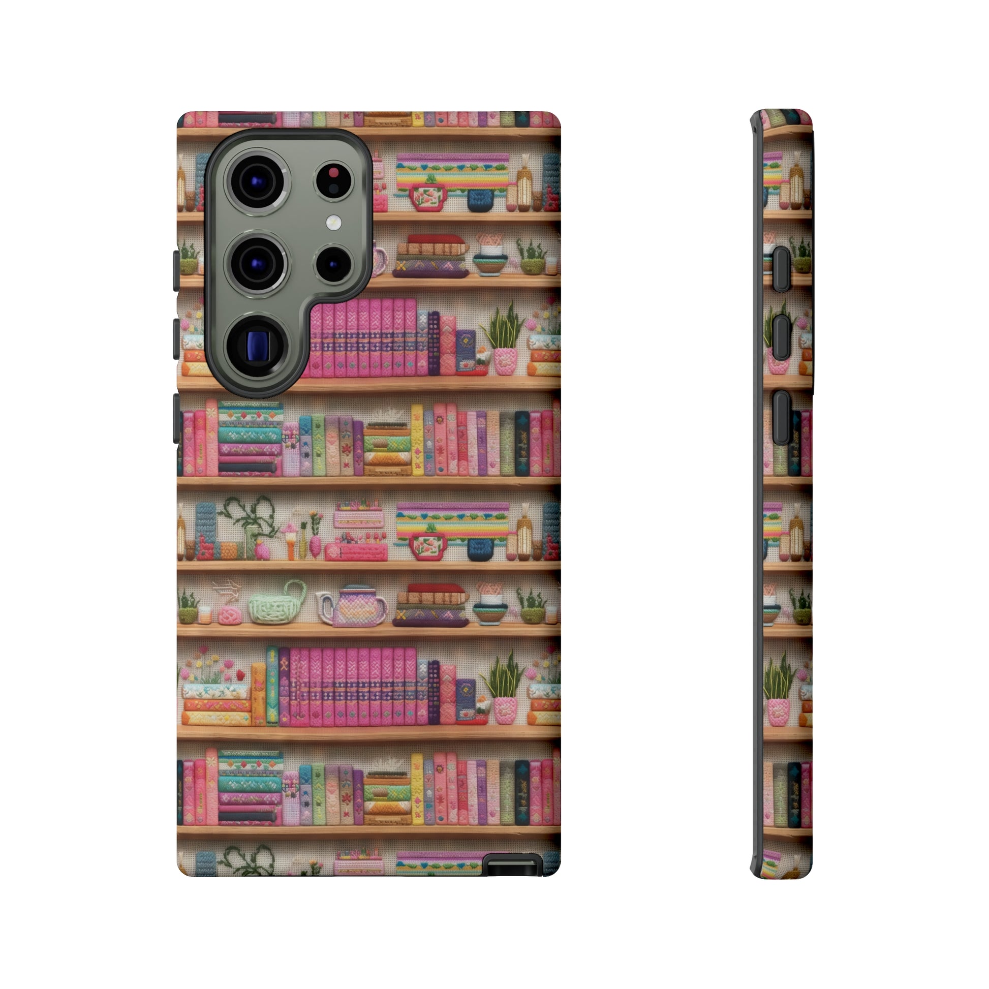 Phone Case 3D Illusion Books & Shelf Embroidery Design with Vibrant Colors Gift for Her Phone 15, Samsung iPhone Samsung Gift for Her Case iPhone 15, Samsung iPhone Samsung Accessory Gift for Her.