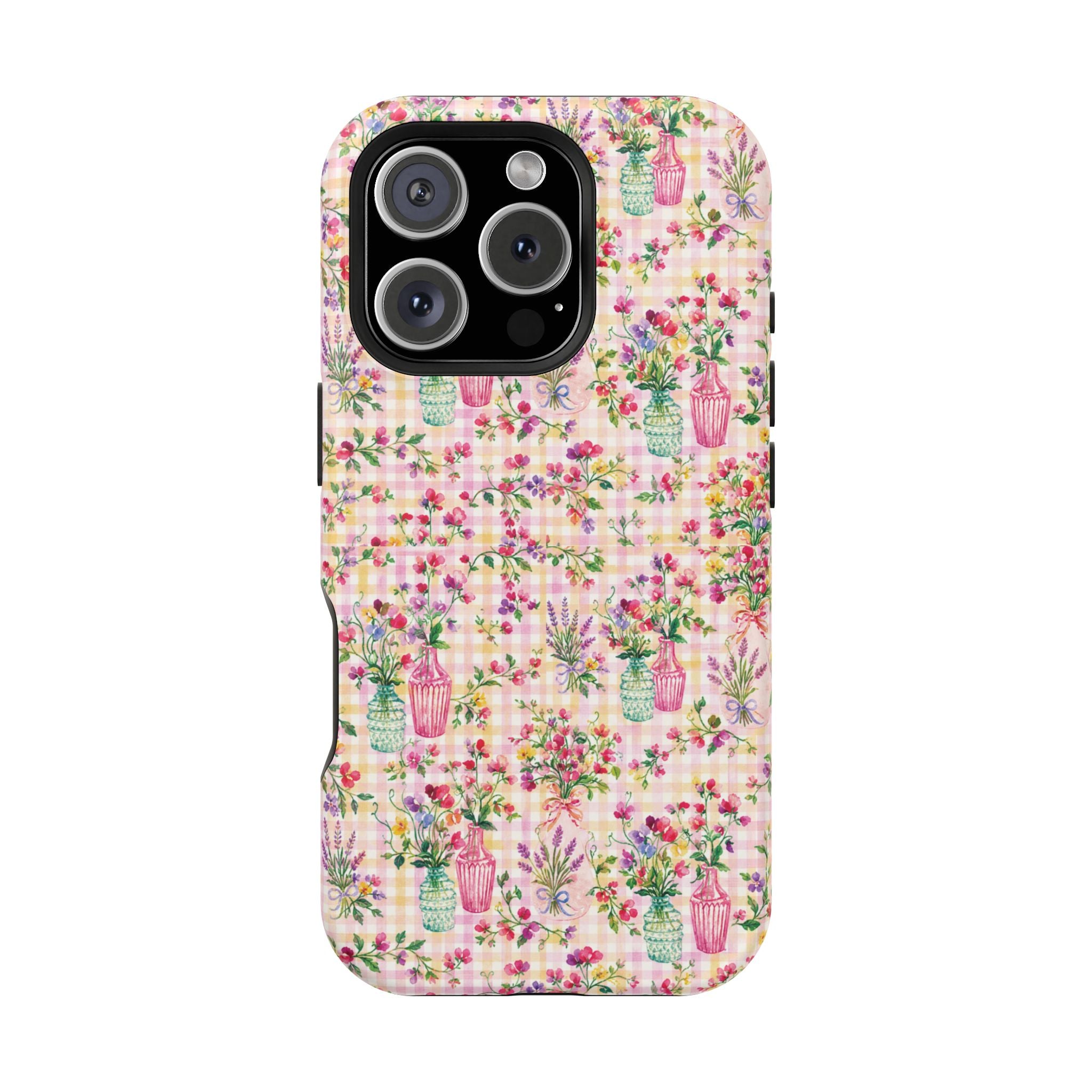 Turquoise & Pink Floral Checker Phone Case — Magnetic Impact-Resistant