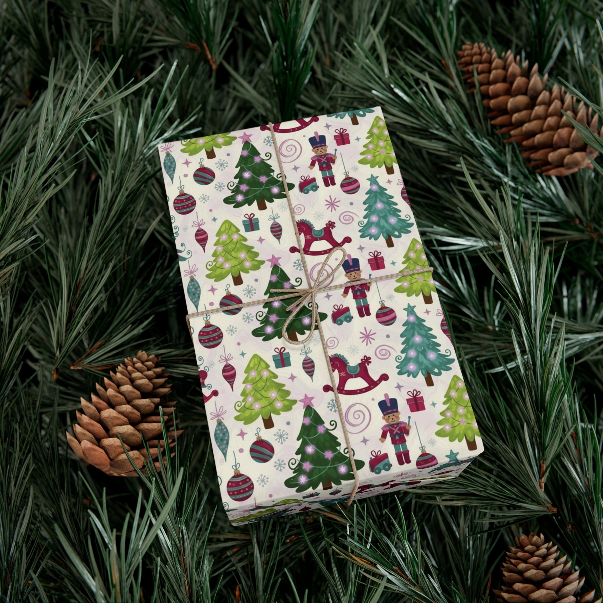 Festive Christmas wrapping paper with toys, trees & holiday icons. Available in 3 sizes—perfect for gifts, parties & seasonal décor.