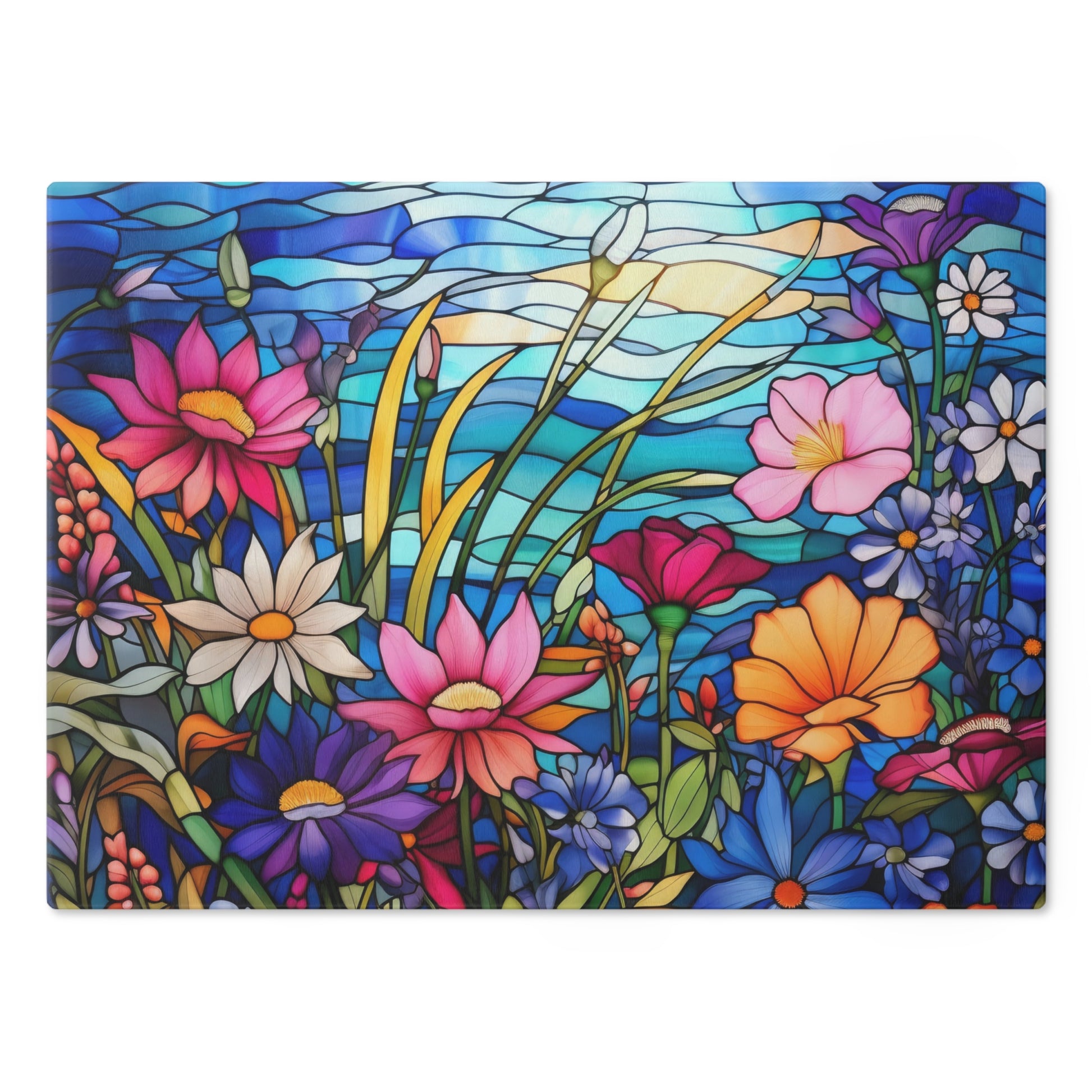 New House Tempered Glass Cutting Board Wildflowers Stain Glass Illusion Design Ultra-Durable Kitchen Accessory for Stylish Cooking Kitchen Decor Housewarming, New House Gift - MRSBYVALLE