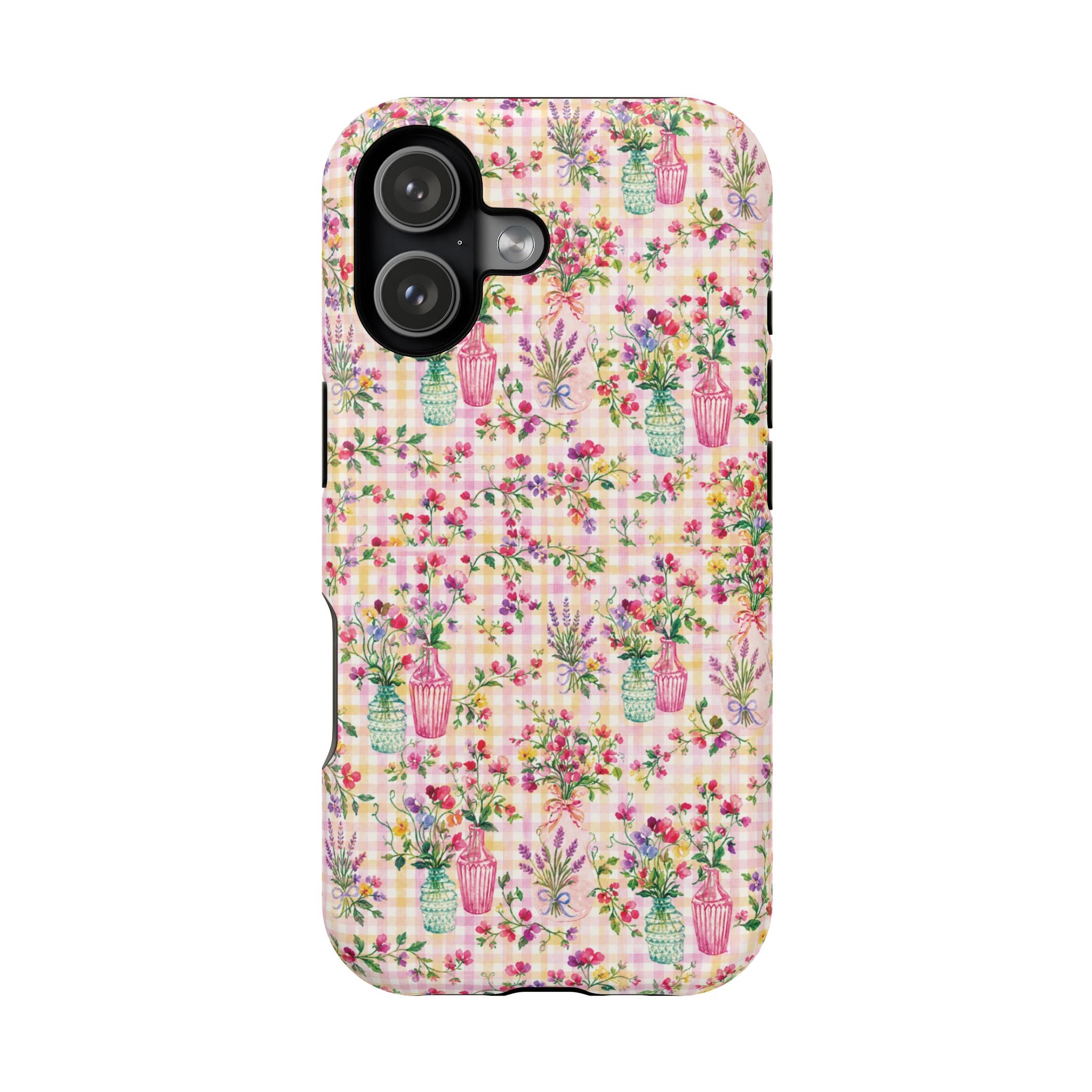 Turquoise & Pink Floral Checker Phone Case — Magnetic Impact-Resistant