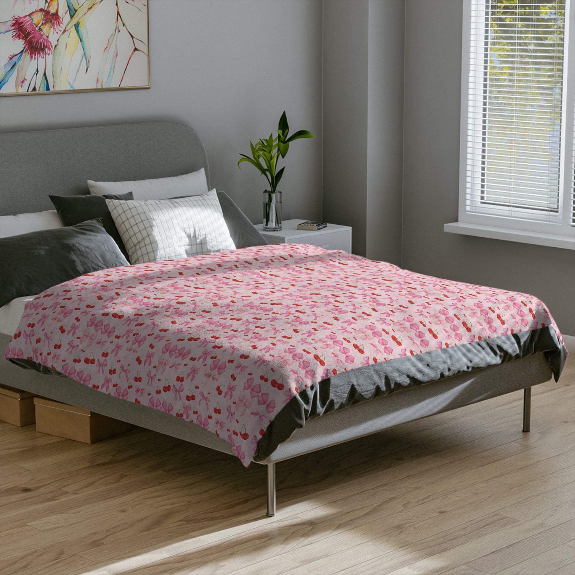 Minky Blanket Coquette Cherry Ribbon Bows Design in Luxurious 100% Polyester Cozy Comfort Throw Ultra-Soft Microfiber Comfort Blanket, Perfect for Snuggling Decor, Cozy All-Season Warmth, Comfort Housewarming Gift Throw.