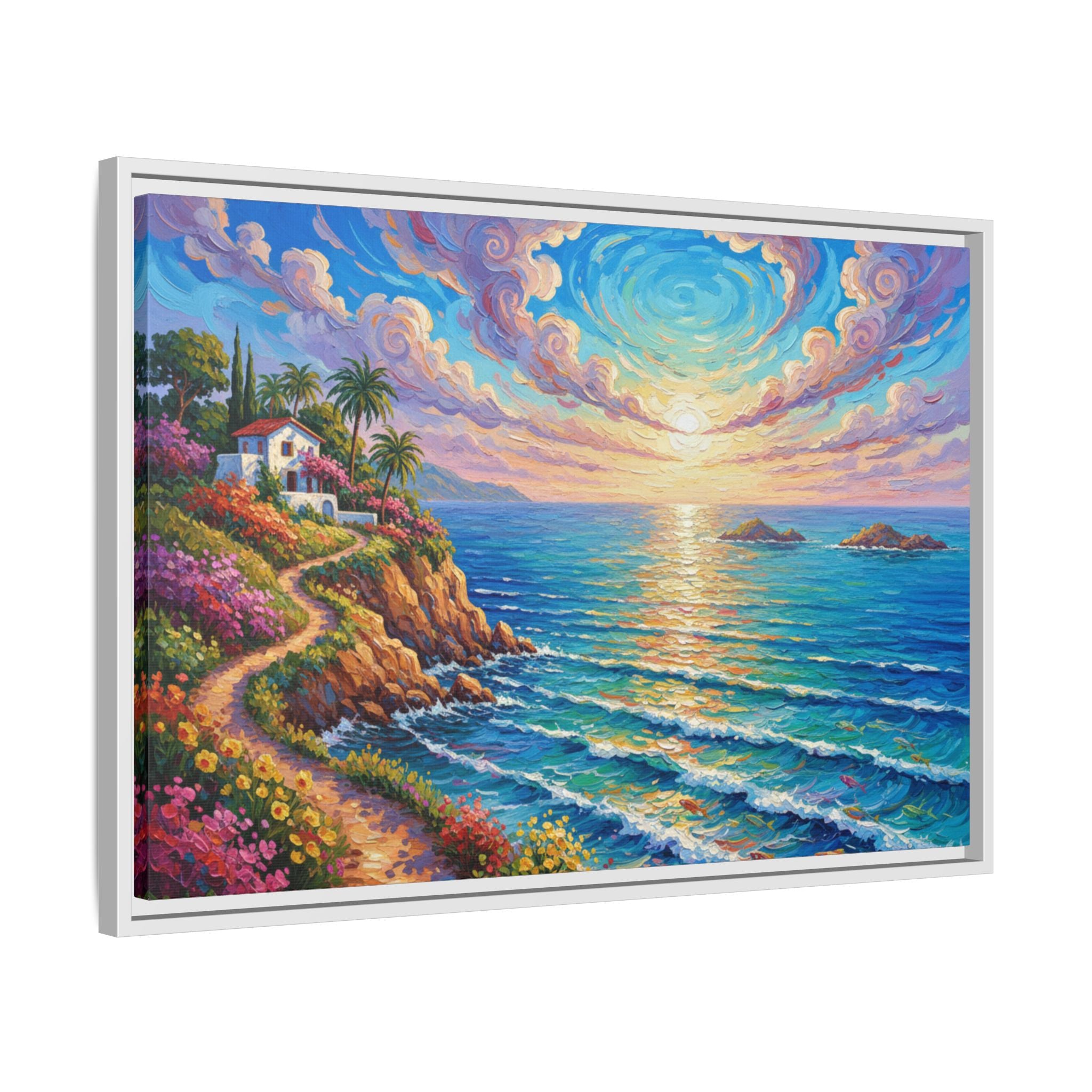 Toile imprimée florale océanique | Décoration murale colorée et lumineuse de paysage marin, œuvre d'art de bureau encadrée et mate