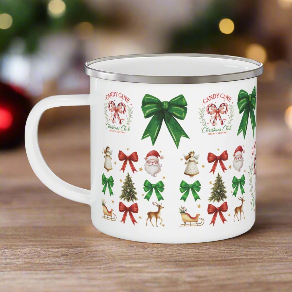 Christmas Enamel Camping Mug 12oz Enamel Camping Mug Red and Green Bows Durable, Lightweight Mug for Holiday Camping, Hot Cocoa, Coffee | Perfect Christmas Gift - MRSBYVALLE