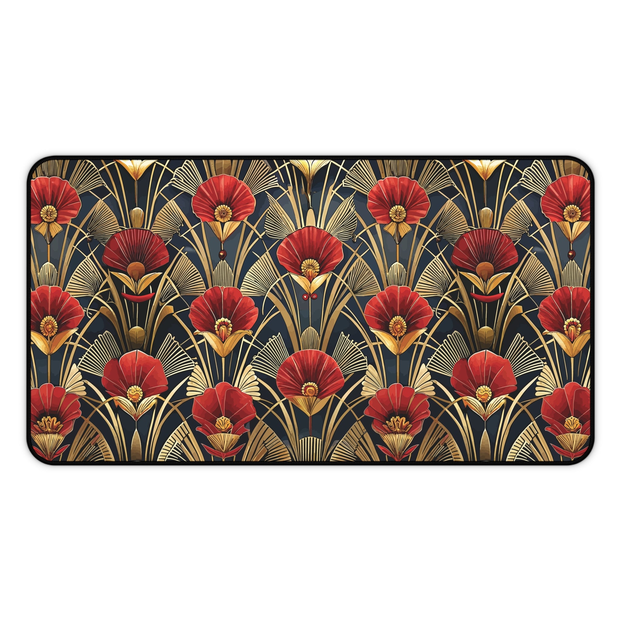 Art Deco Red Flower Black & Gold Desk Mat — Vintage Floral Desk Pad