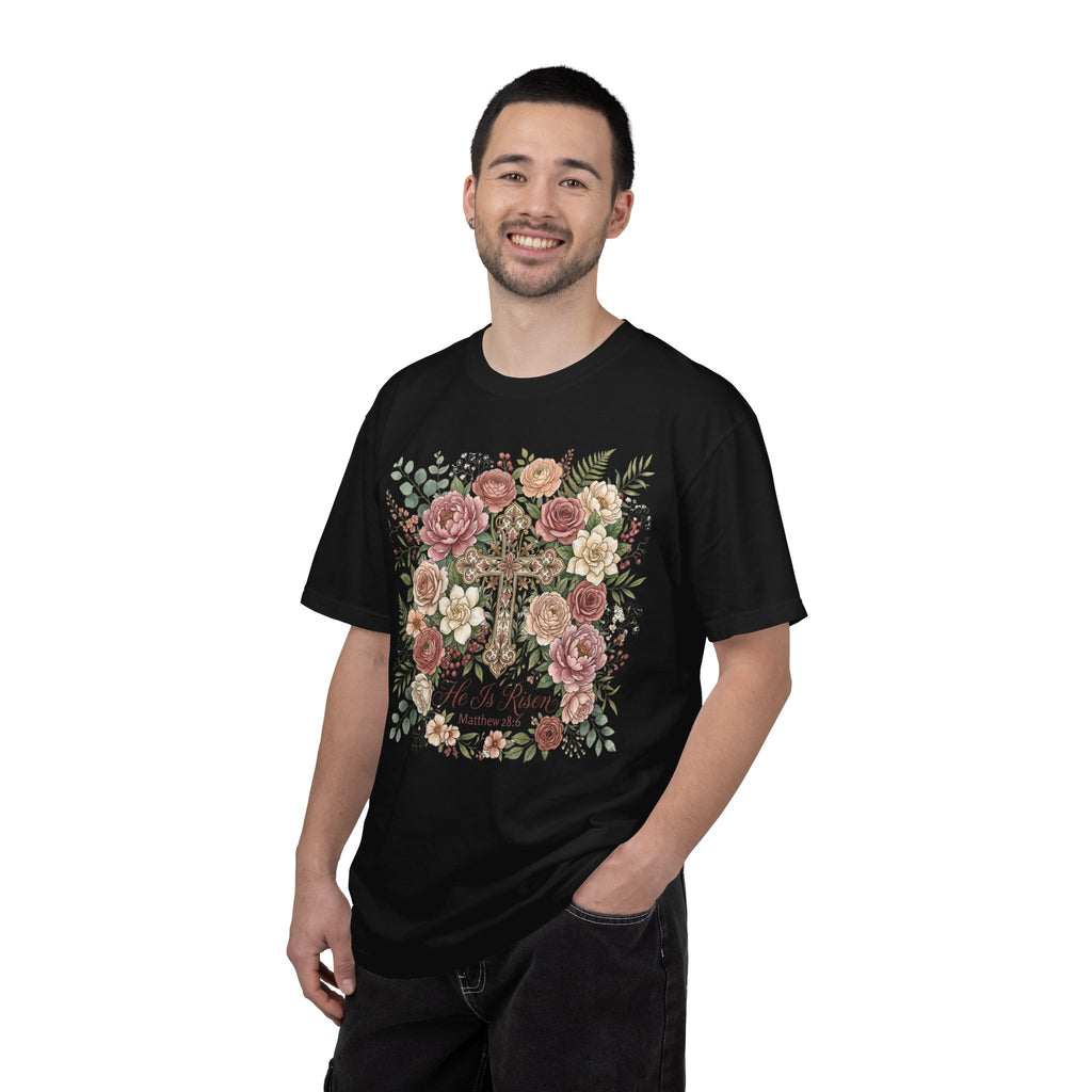 He Is Risen Floral Cross T-Shirt Christian Gift