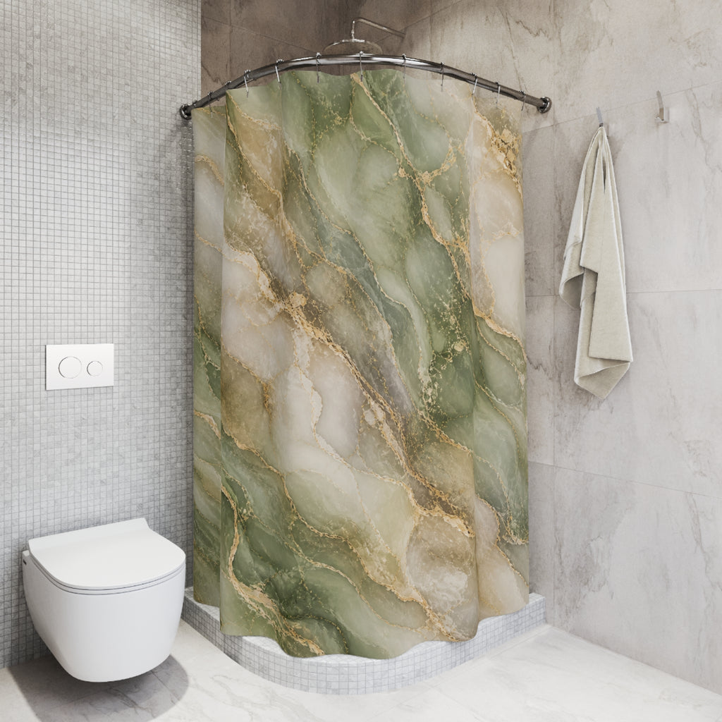 Elegant Green & Gold Marble Shower Curtain — Pastel Beige Veined Home Décor